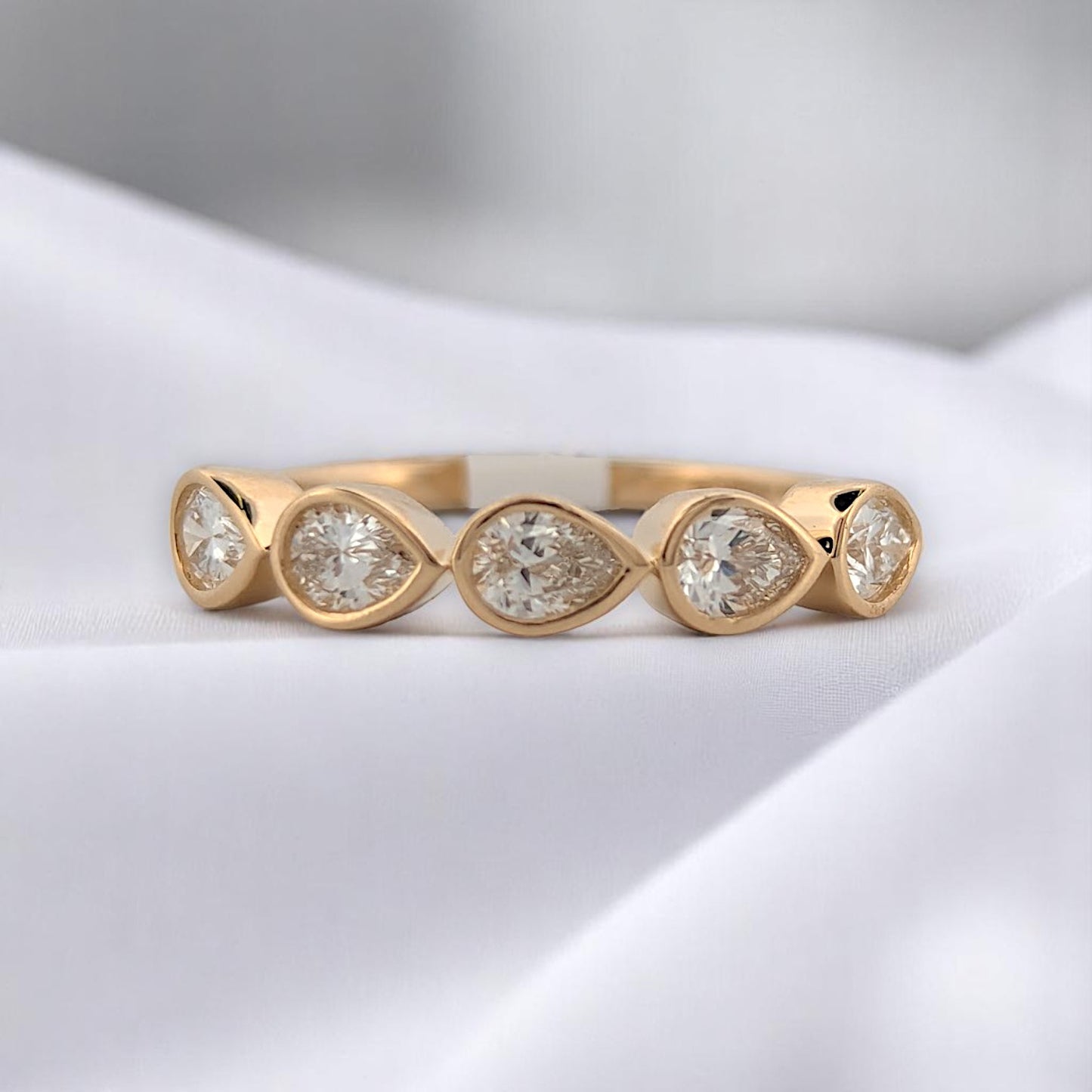 Josephine | 14K Yellow Gold Band With .75 CTW Pear-Shaped Bezel Set Lab Diamonds | Modern Stacking Ring | Size 7