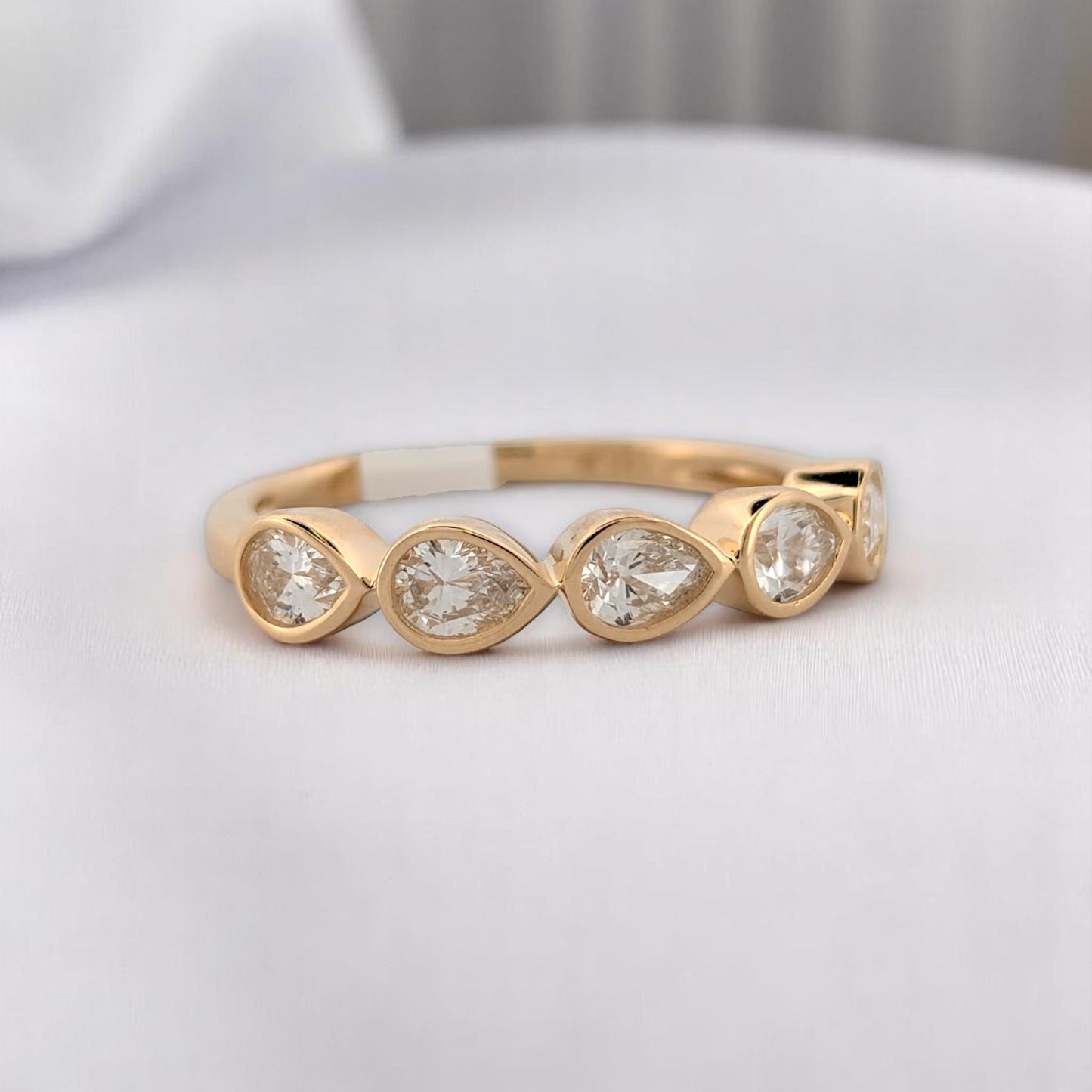 Josephine | 14K Yellow Gold Band With .75 CTW Pear-Shaped Bezel Set Lab Diamonds | Modern Stacking Ring | Size 7