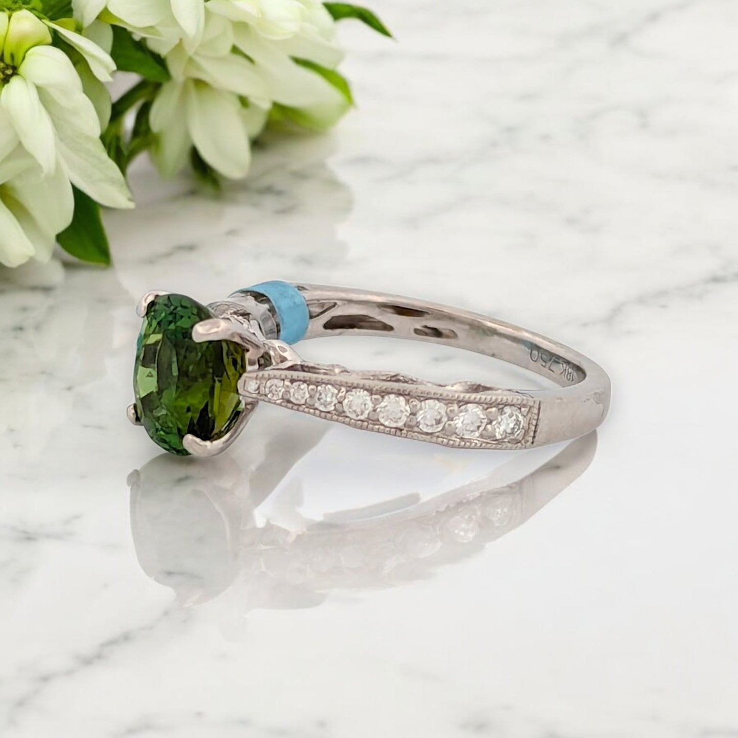 18k White Gold Tourmaline and Diamond Ring with Oval Cushion Cut Gemstone and .29 CTW Natural Diamonds Elegant Fine Jewelry Gift Size 6.5