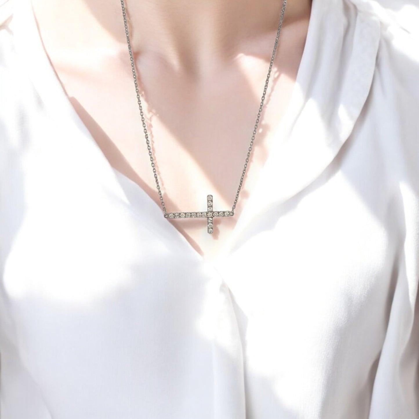 10k White Gold Diamond Cross Necklace with .25 CTW Natural Diamonds Sparkling Christian Cross Pendant Religious Fine Jewelry on 18" Gold Chain