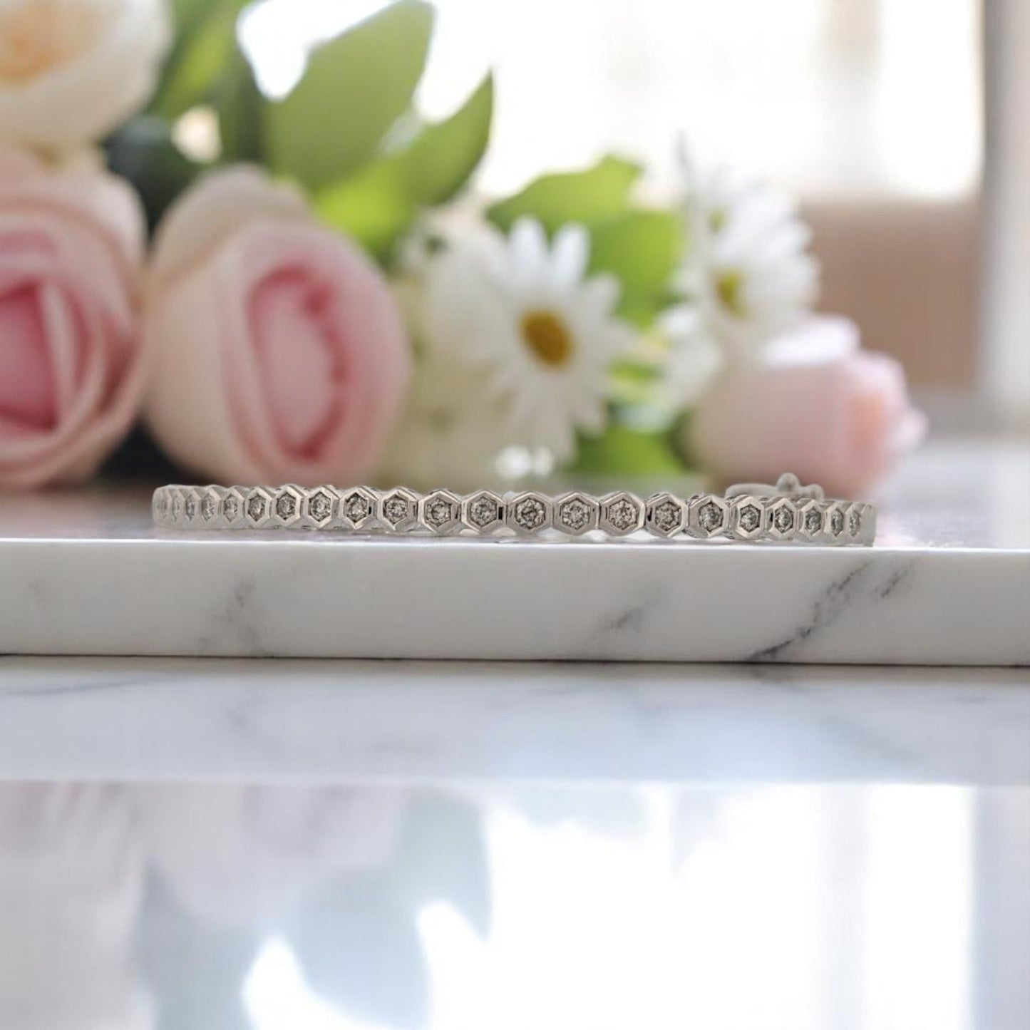 Echo | 14k White Gold Bangle Bracelet with 1.00 ctw Natural Round Diamonds in Bezel-Set Hexagon Design | Modern Geometric Fine Jewelry