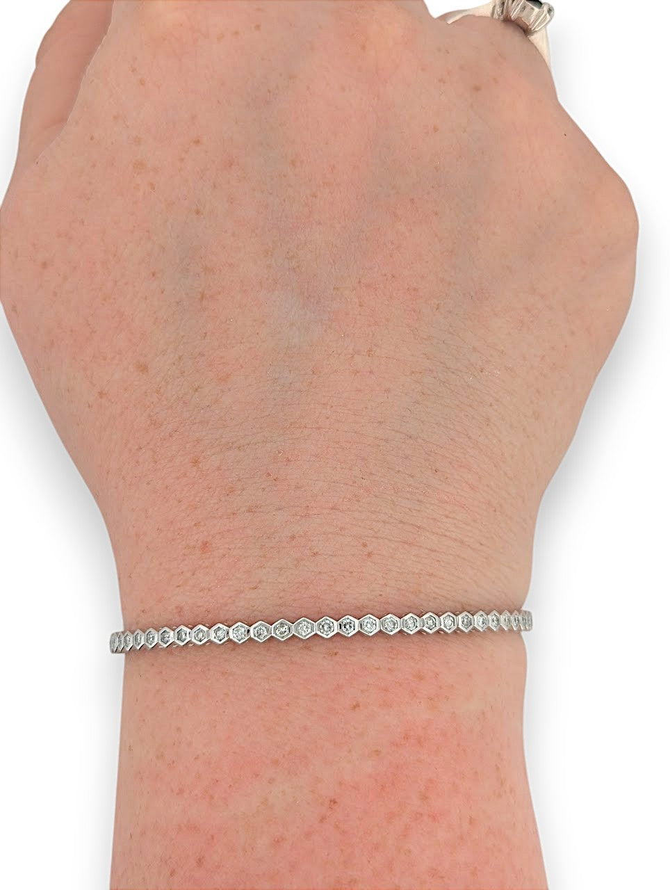 Echo | 14k White Gold Bangle Bracelet with 1.00 ctw Natural Round Diamonds in Bezel-Set Hexagon Design | Modern Geometric Fine Jewelry