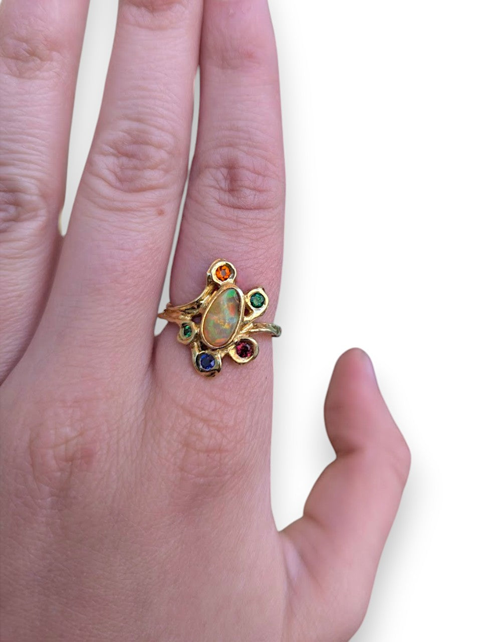 Andrea | Custom 18k Yellow Gold Ring by Jeweler Barb Evans, Ethiopian Opal Center with Sapphire Halo, Unique Gemstone Ring, Size 7