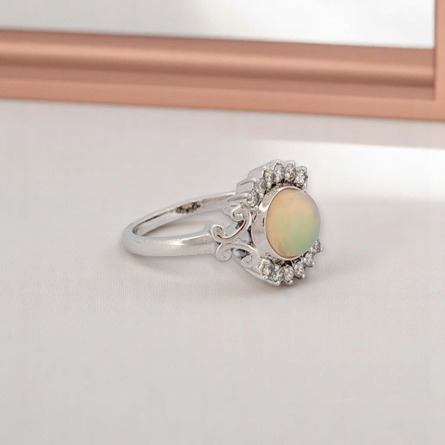 Aurelie | 14K White Gold | Opal and Natural Diamond | Ring