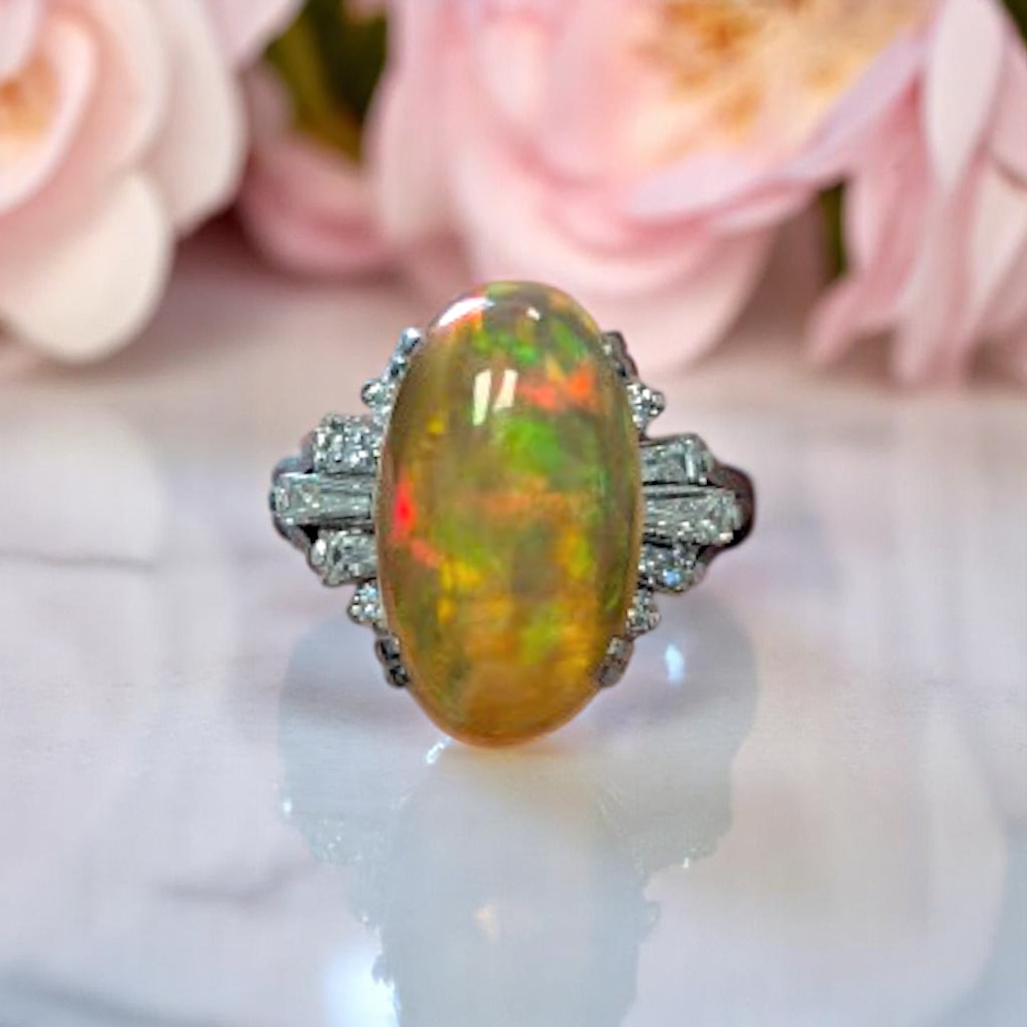 Ottilie | Platinum Ring with 4.63ct Fire Opal and 0.52ct Diamonds, Elegant Opal Engagement Ring, Fine Jewelry Gift, Size 4.75