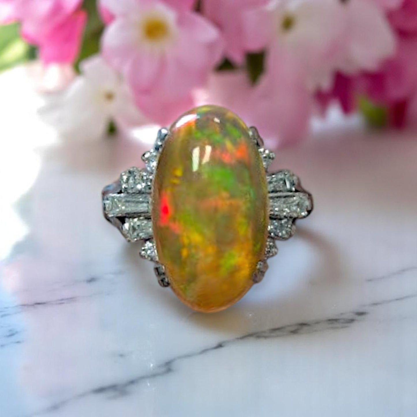 Ottilie | Platinum Ring with 4.63ct Fire Opal and 0.52ct Diamonds, Elegant Opal Engagement Ring, Fine Jewelry Gift, Size 4.75