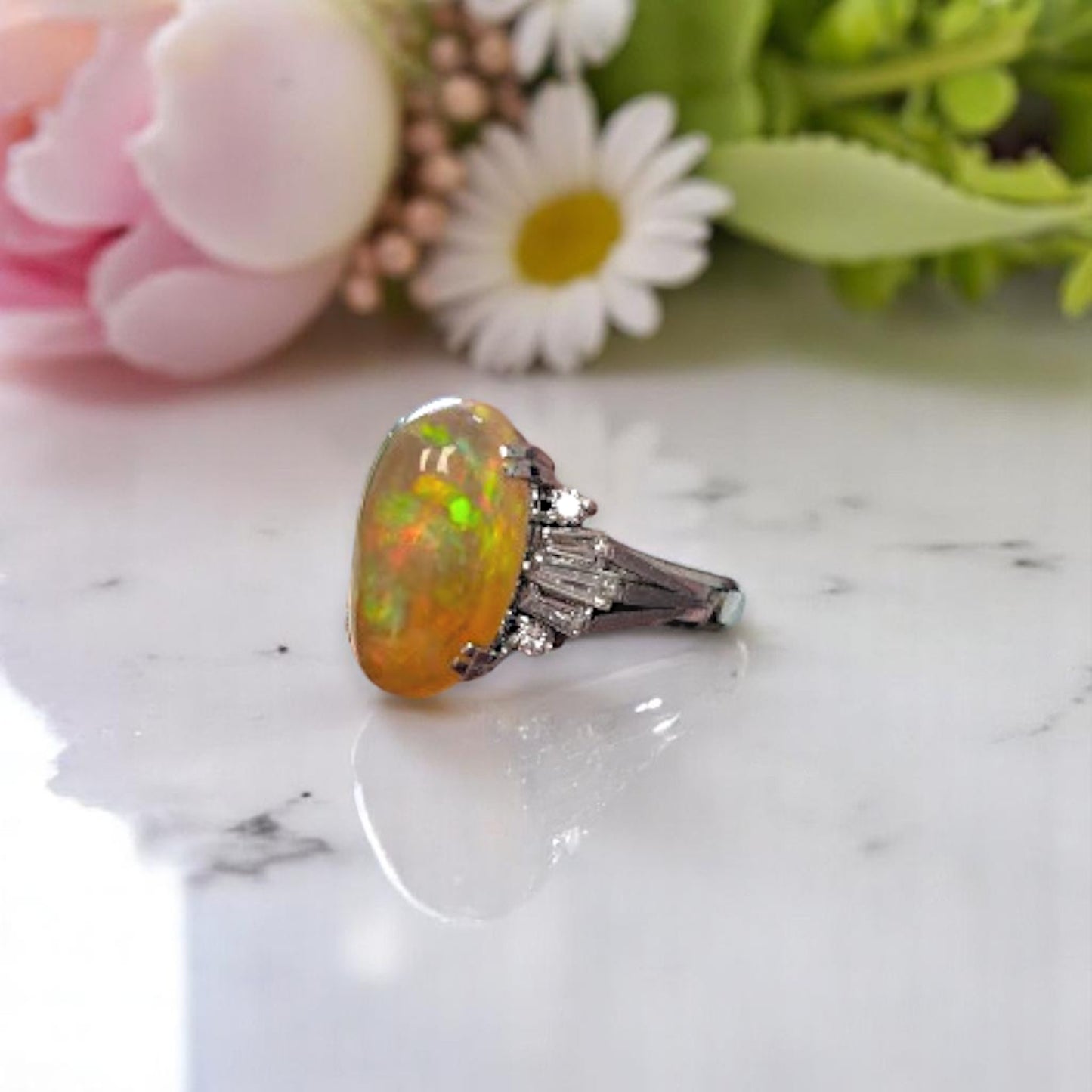 Ottilie | Platinum Ring with 4.63ct Fire Opal and 0.52ct Diamonds, Elegant Opal Engagement Ring, Fine Jewelry Gift, Size 4.75