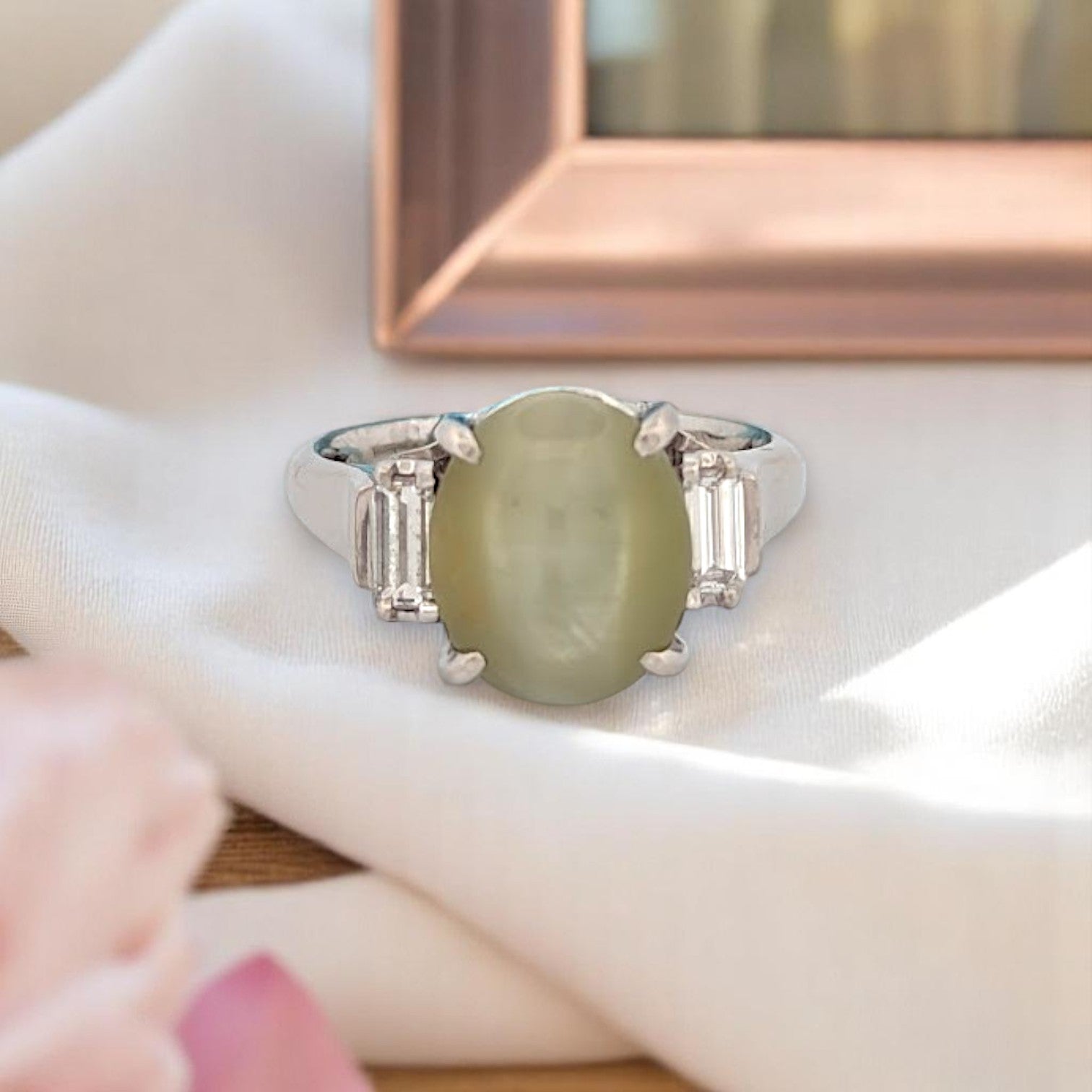 Calla Platinum Ring with 7.78 ct Cat’s Eye Chrysoberyl & .34 ct Natural Diamonds