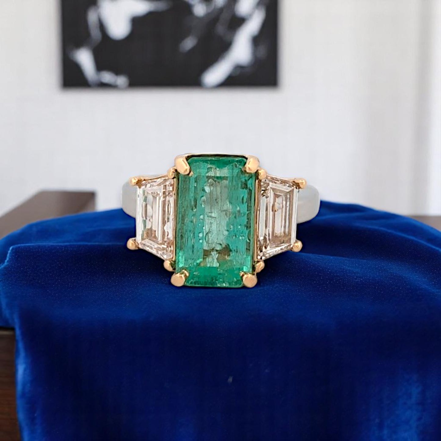 Charlotte | Emerald Ring, 4.94ct Emerald Cut Natural Emerald & 6.98ctw Lab Diamonds, Platinum & 18K Yellow Gold, Luxury Statement Ring, Size 6.25
