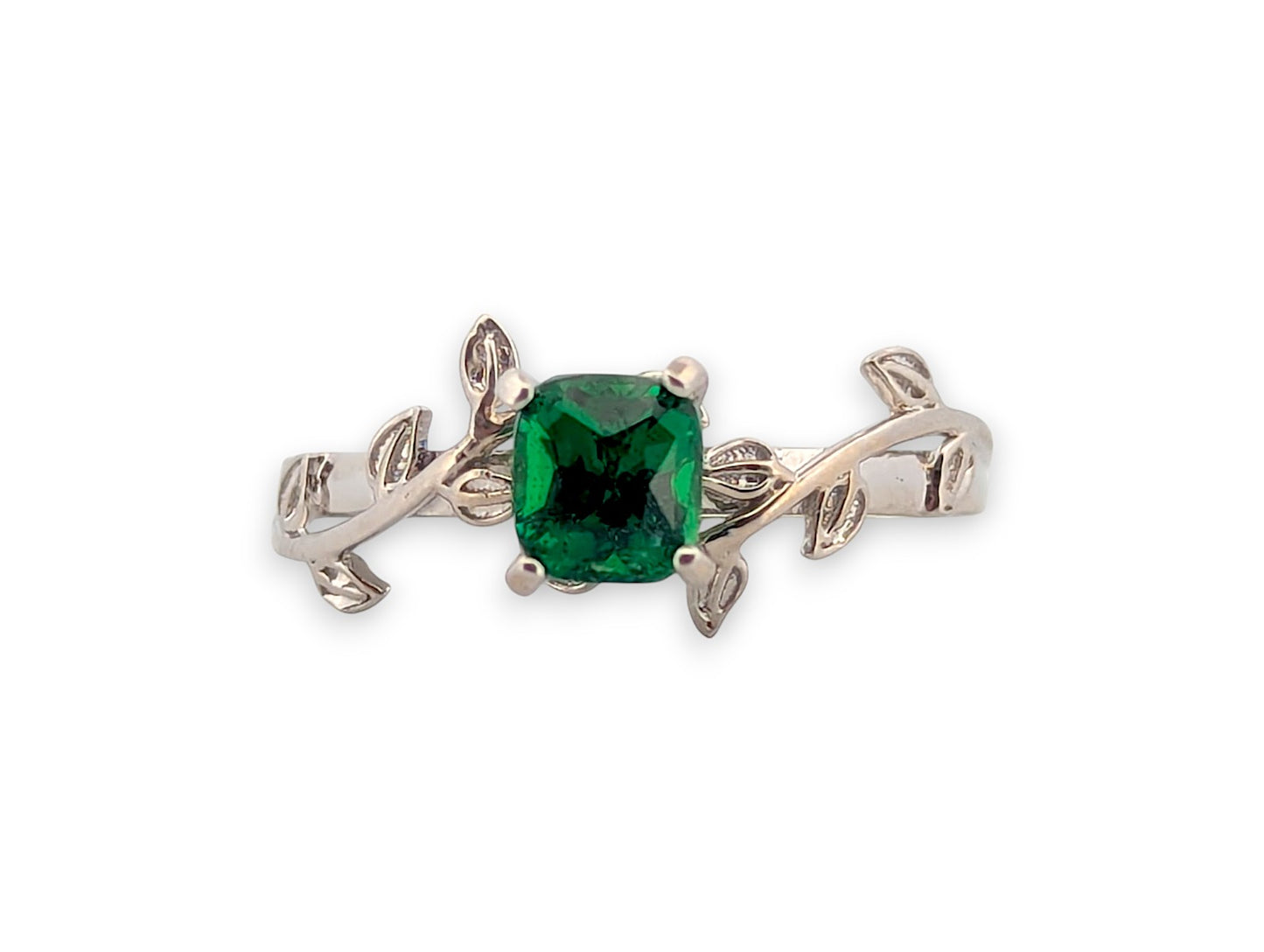 Selene | 14K White Gold Chrome Diopside Ring, 0.50 CT Green Gemstone, Vine Band Design, Nature-Inspired Jewelry, Fine Gold Ring, Size 6.75