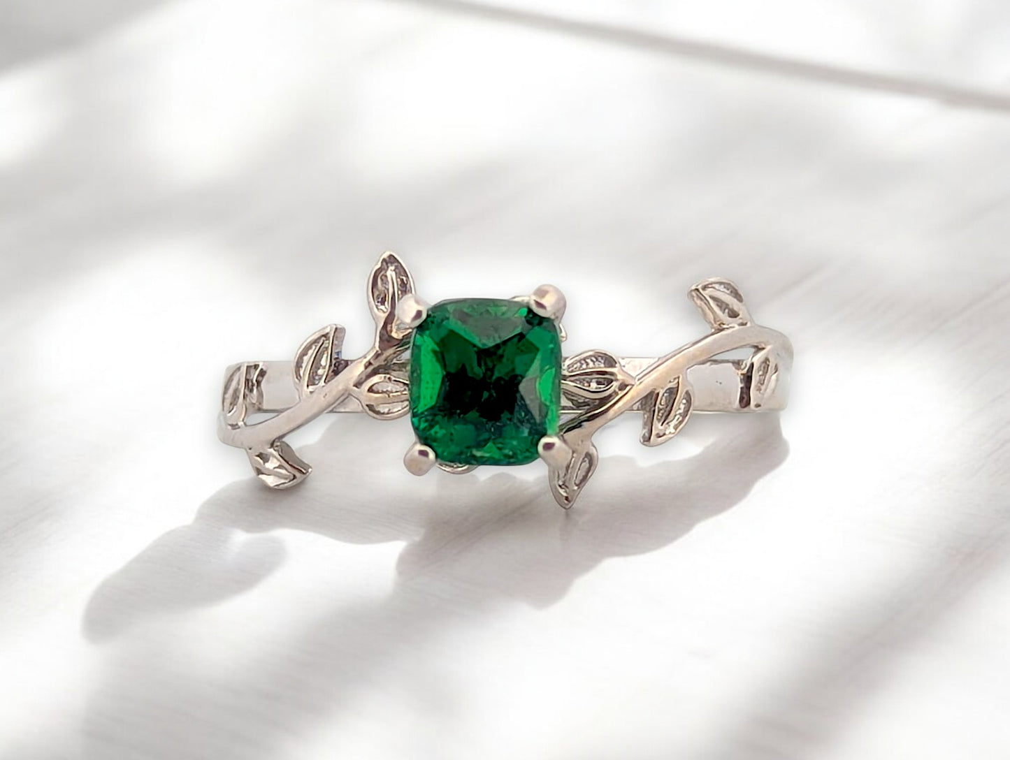 Selene | 14K White Gold Chrome Diopside Ring, 0.50 CT Green Gemstone, Vine Band Design, Nature-Inspired Jewelry, Fine Gold Ring, Size 6.75