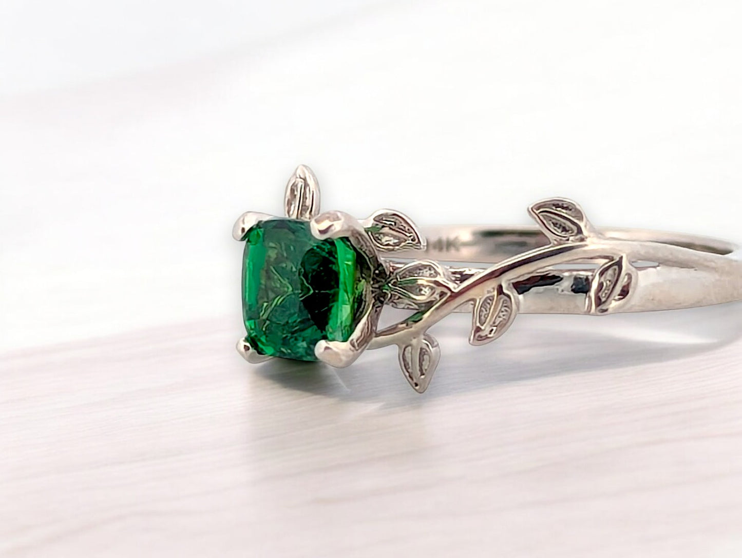 Selene | 14K White Gold Chrome Diopside Ring, 0.50 CT Green Gemstone, Vine Band Design, Nature-Inspired Jewelry, Fine Gold Ring, Size 6.75