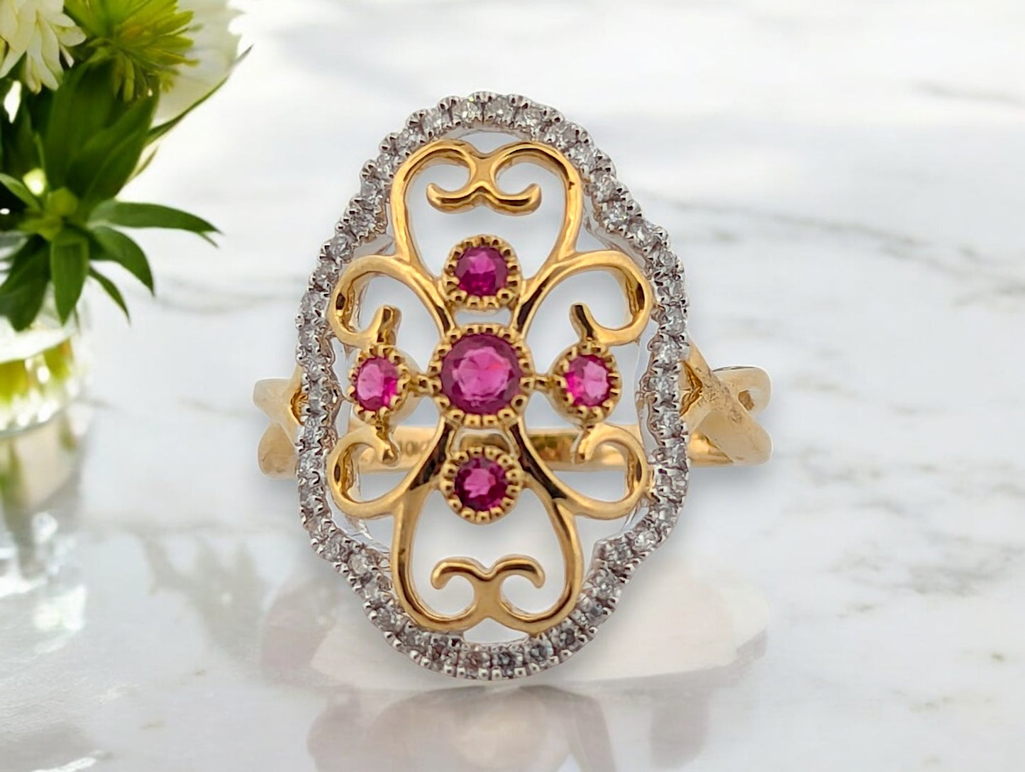 10k Yellow Gold Ruby and Diamond Ring with .40 CT Natural Rubies and .25 CTW Natural Diamonds Elegant Red Gemstone Fine Jewelry Ring Size 6.5