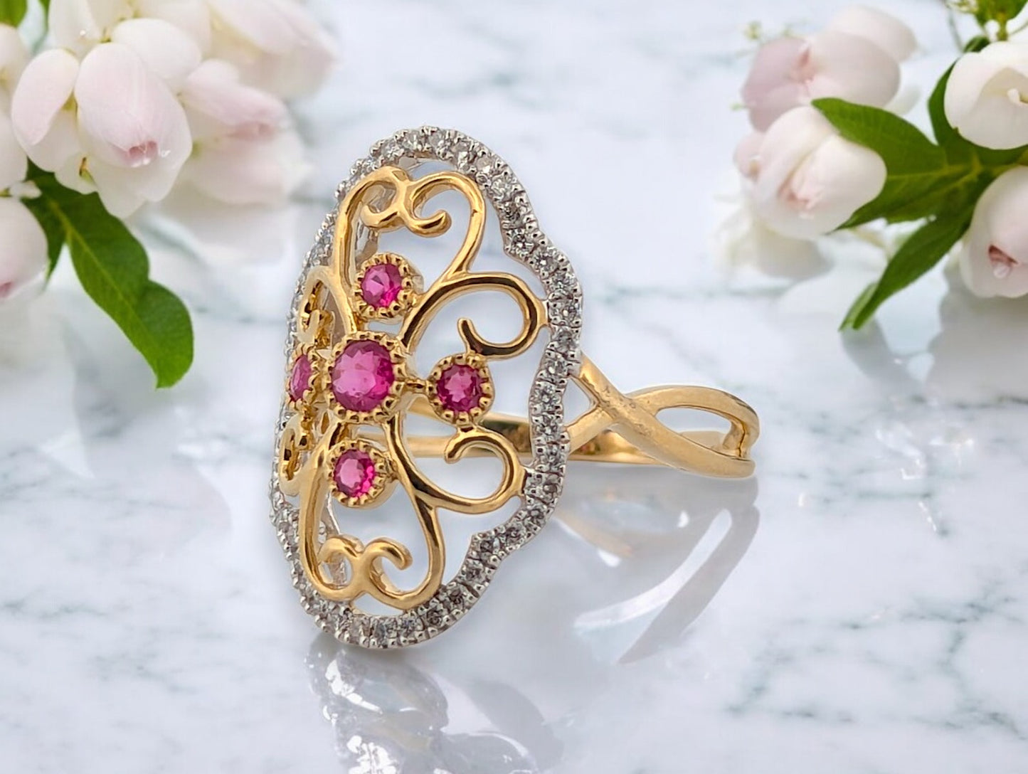10k Yellow Gold Ruby and Diamond Ring with .40 CT Natural Rubies and .25 CTW Natural Diamonds Elegant Red Gemstone Fine Jewelry Ring Size 6.5