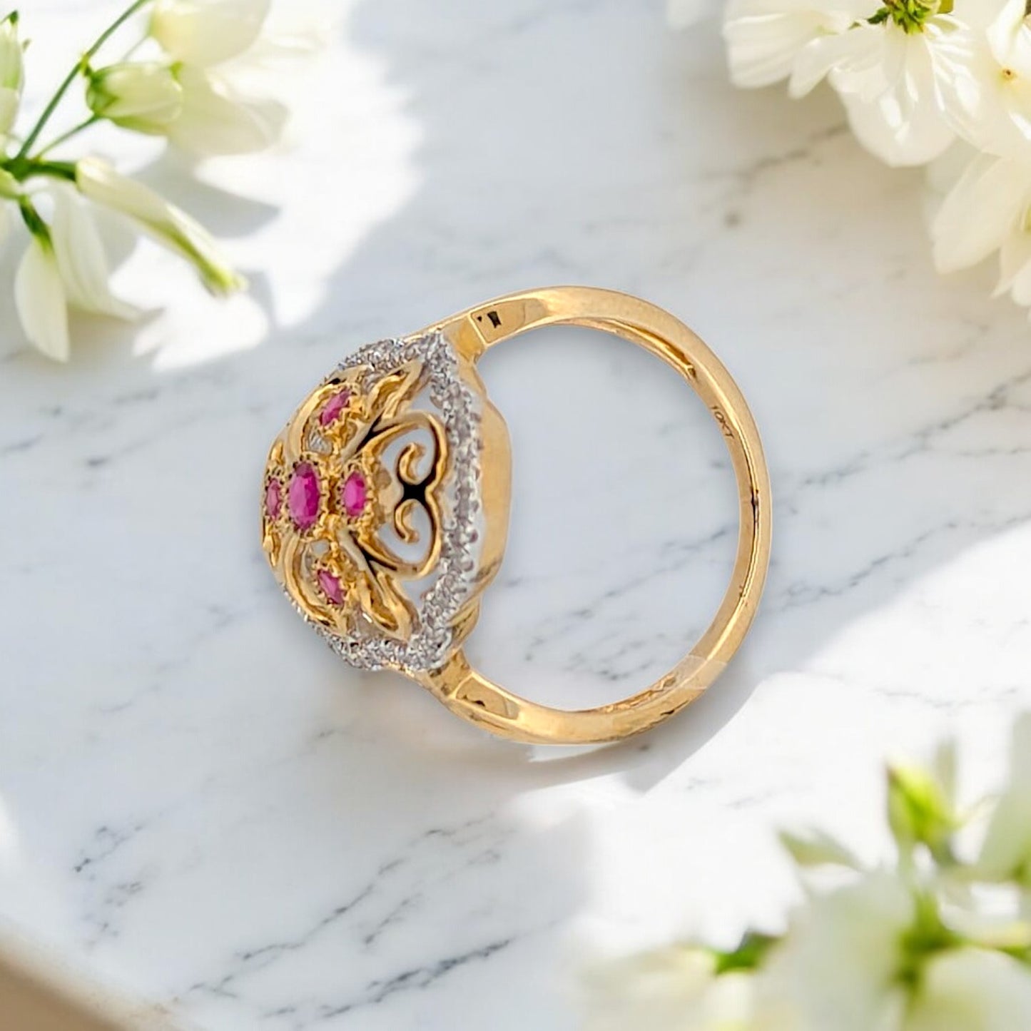 10k Yellow Gold Ruby and Diamond Ring with .40 CT Natural Rubies and .25 CTW Natural Diamonds Elegant Red Gemstone Fine Jewelry Ring Size 6.5