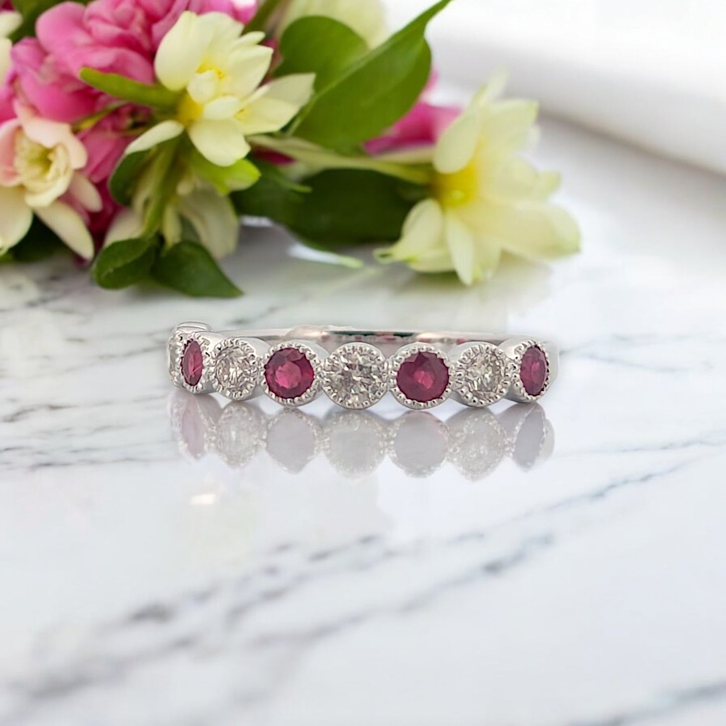 Sage | 10K White Gold Ruby & Diamond Band, Vintage Style Milgrain Ring, July Birthstone Jewelry, Stackable Ruby Ring, Fine Jewelry Gift (Size 6.5)