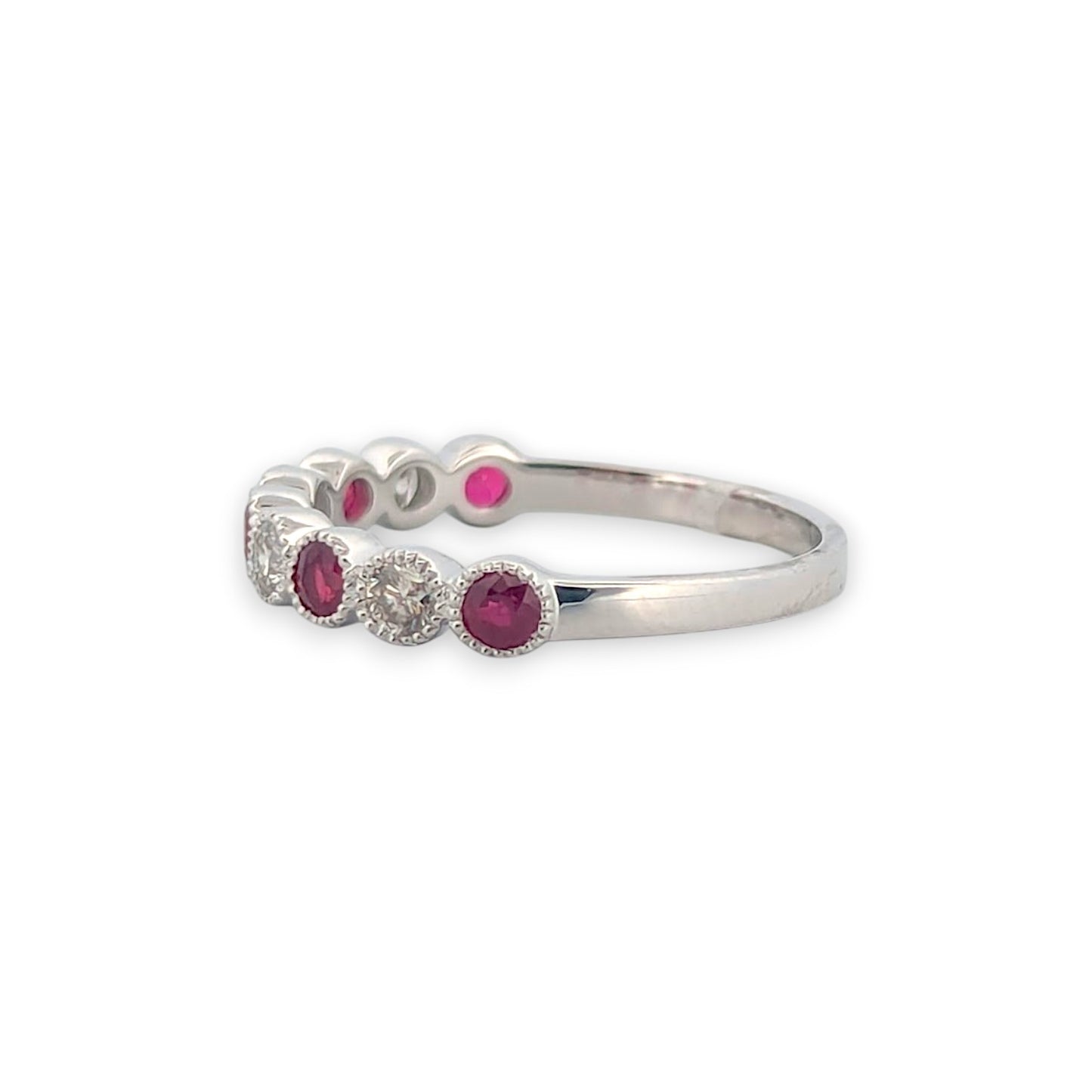 Sage | 10K White Gold Ruby & Diamond Band, Vintage Style Milgrain Ring, July Birthstone Jewelry, Stackable Ruby Ring, Fine Jewelry Gift (Size 6.5)
