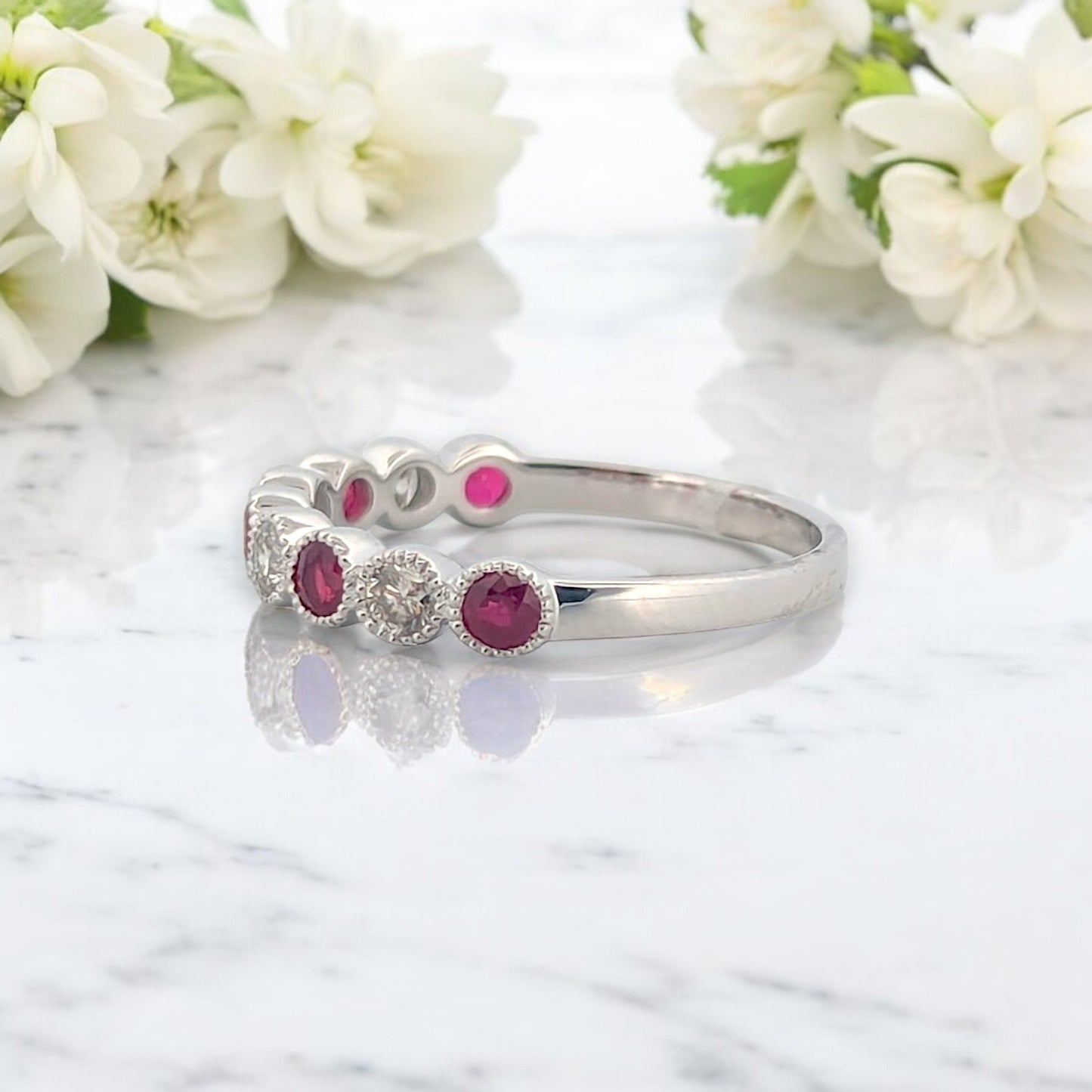 Sage | 10K White Gold Ruby & Diamond Band, Vintage Style Milgrain Ring, July Birthstone Jewelry, Stackable Ruby Ring, Fine Jewelry Gift (Size 6.5)