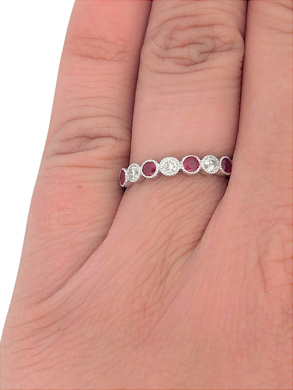 Sage | 10K White Gold Ruby & Diamond Band, Vintage Style Milgrain Ring, July Birthstone Jewelry, Stackable Ruby Ring, Fine Jewelry Gift (Size 6.5)