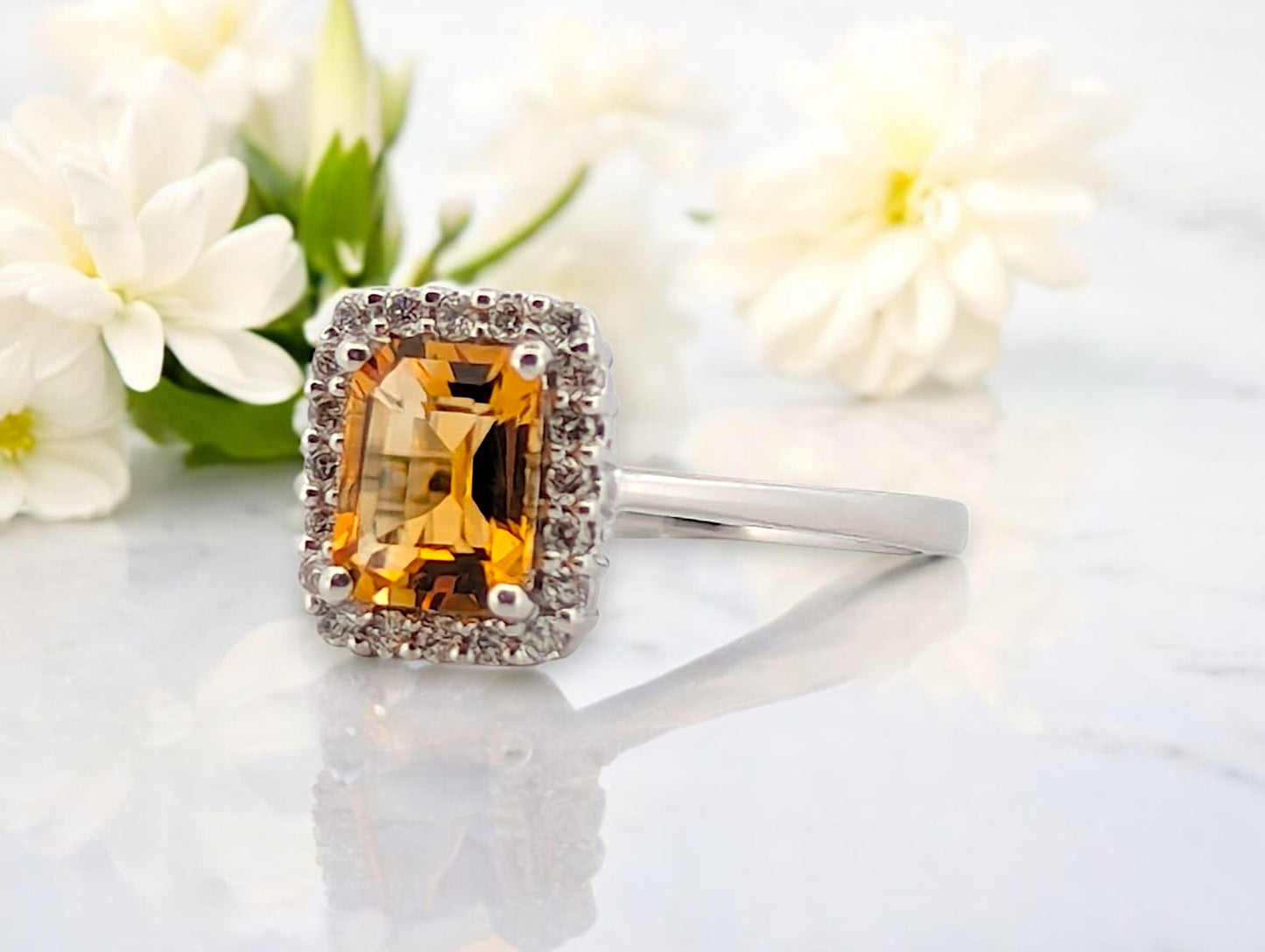 10k White Gold Citrine and Diamond Halo Ring with .85 CT Oval Citrine and .15 CTW Natural Diamonds Elegant November Birthstone Ring Size 7