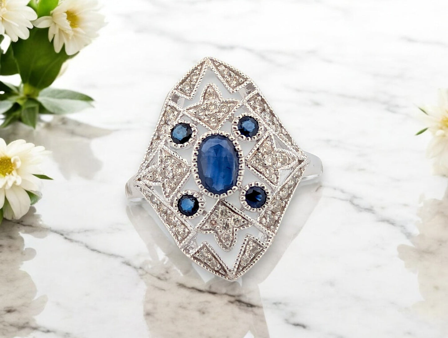 10k White Gold Sapphire and Diamond Ring with .95 CT Natural Sapphires and .32 CTW Natural Diamonds Fine Blue Gemstone Jewelry Ring Size 6.25