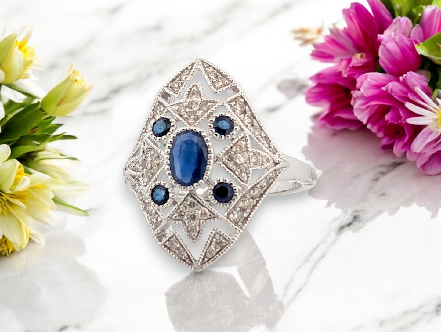 10k White Gold Sapphire and Diamond Ring with .95 CT Natural Sapphires and .32 CTW Natural Diamonds Fine Blue Gemstone Jewelry Ring Size 6.25