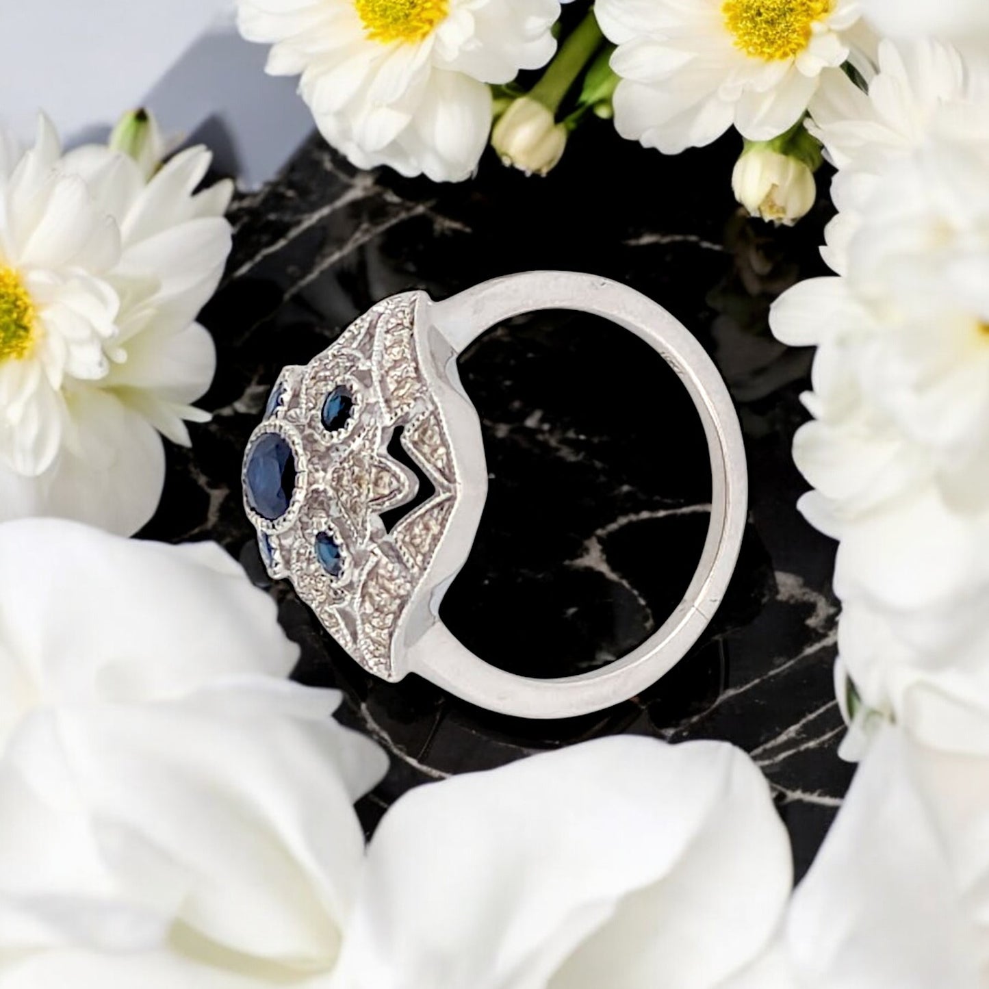 10k White Gold Sapphire and Diamond Ring with .95 CT Natural Sapphires and .32 CTW Natural Diamonds Fine Blue Gemstone Jewelry Ring Size 6.25
