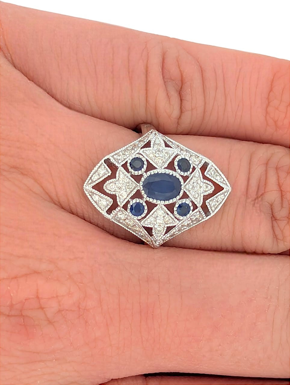 10k White Gold Sapphire and Diamond Ring with .95 CT Natural Sapphires and .32 CTW Natural Diamonds Fine Blue Gemstone Jewelry Ring Size 6.25