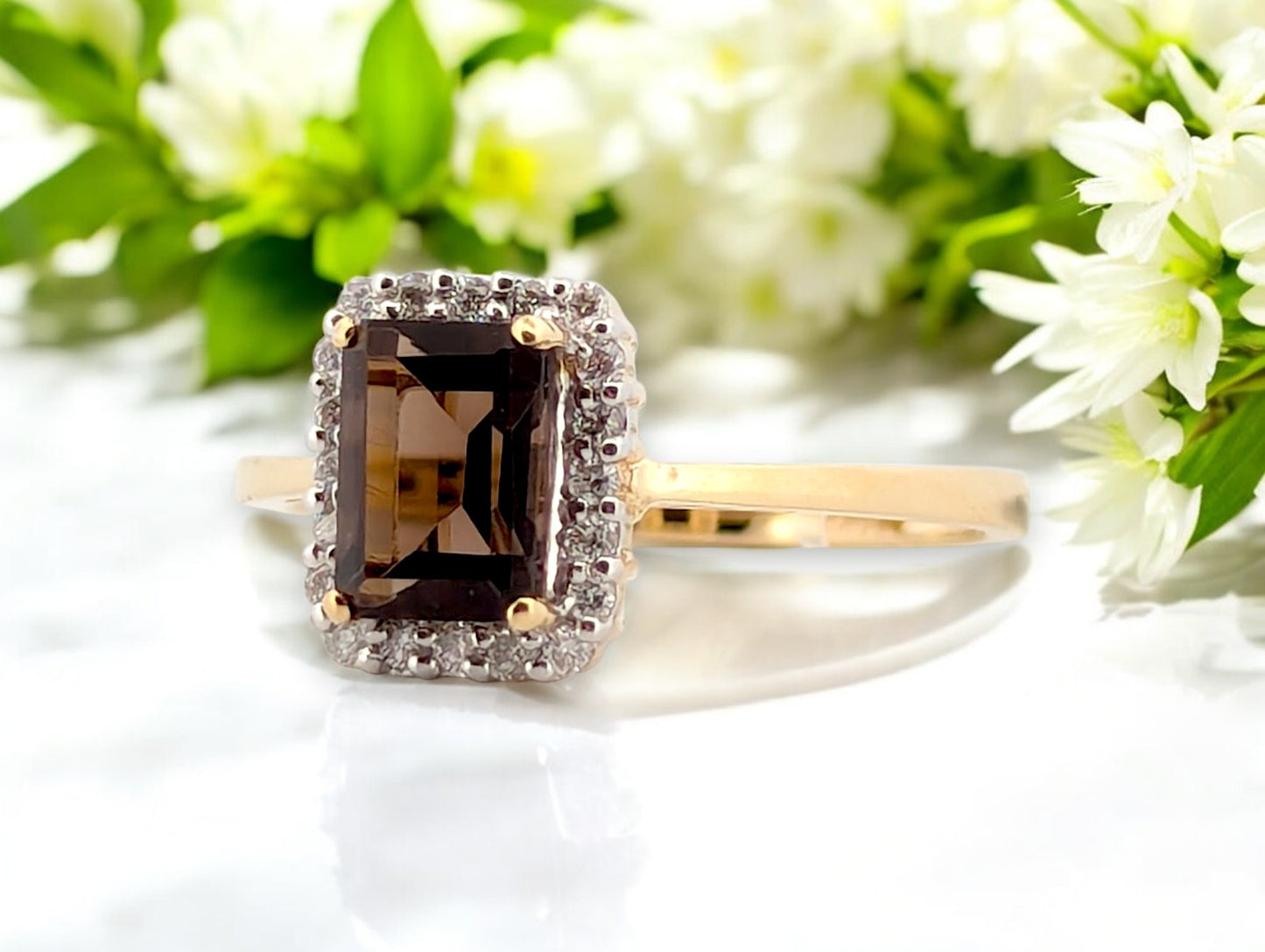 10k Yellow Gold Smoky Quartz and Diamond Halo Ring with .85 CT Oval Smoky Quartz and .15 CTW Natural Diamonds Elegant Gemstone Ring Size 7.5