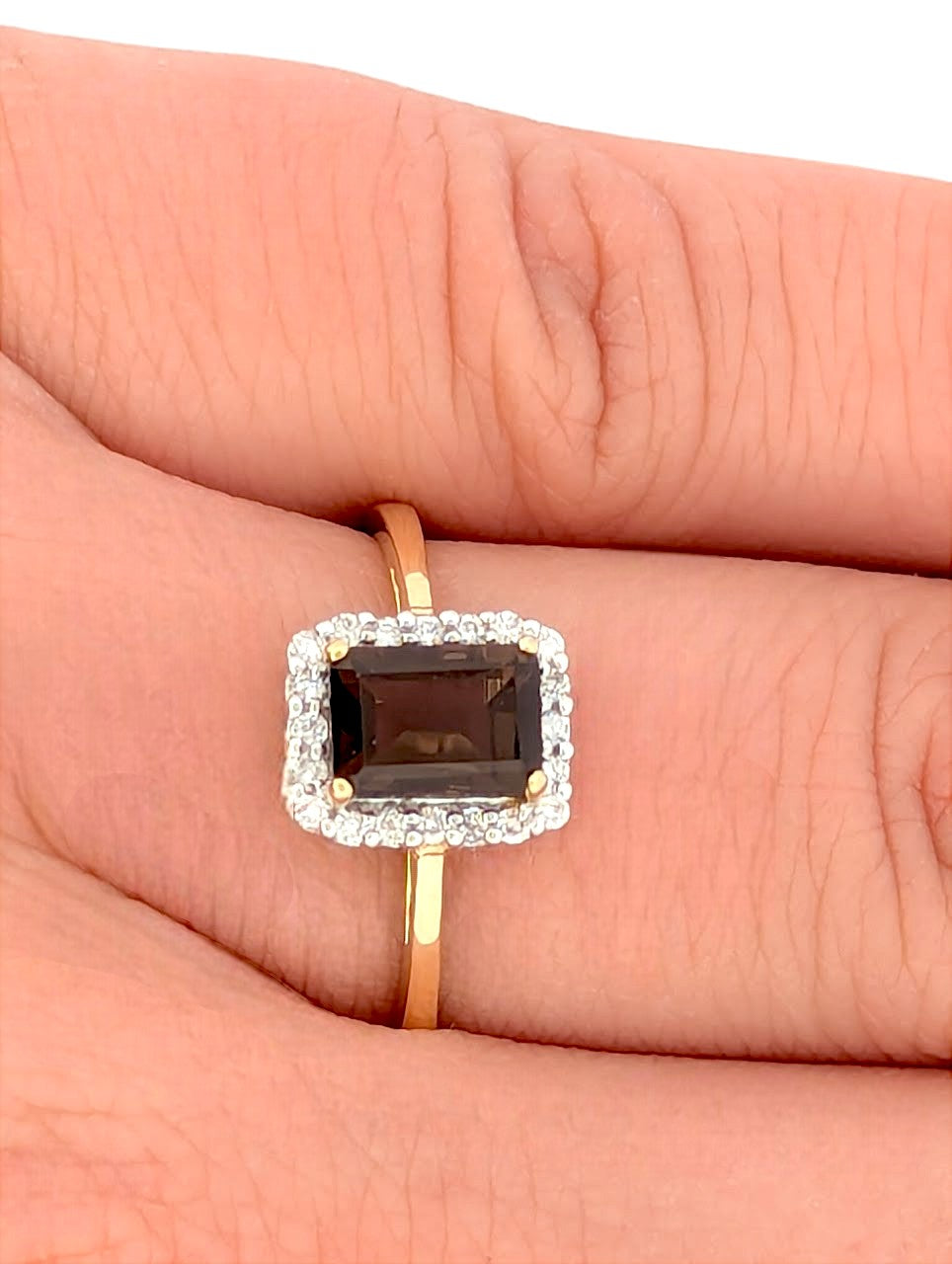 10k Yellow Gold Smoky Quartz and Diamond Halo Ring with .85 CT Oval Smoky Quartz and .15 CTW Natural Diamonds Elegant Gemstone Ring Size 7.5