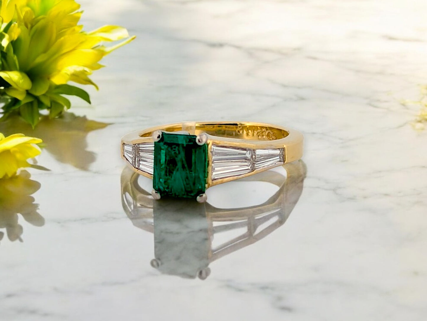 18k Yellow Gold Emerald and Diamond Ring with Natural Emerald Cut Emerald and .75 CTW Natural Baguette Diamonds Fine Green Gemstone Ring Size 6.5