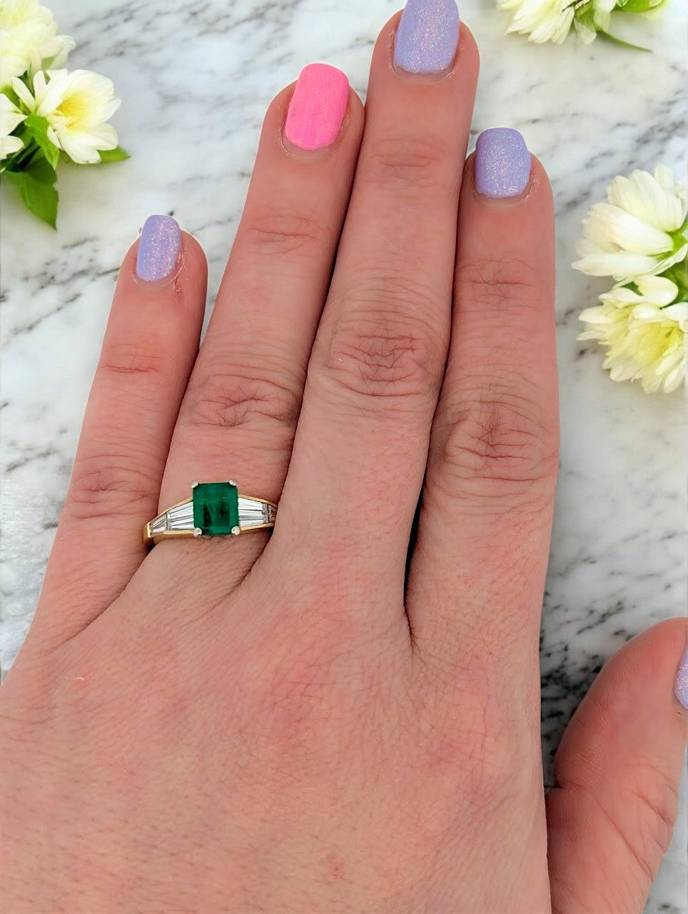 18k Yellow Gold Emerald and Diamond Ring with Natural Emerald Cut Emerald and .75 CTW Natural Baguette Diamonds Fine Green Gemstone Ring Size 6.5