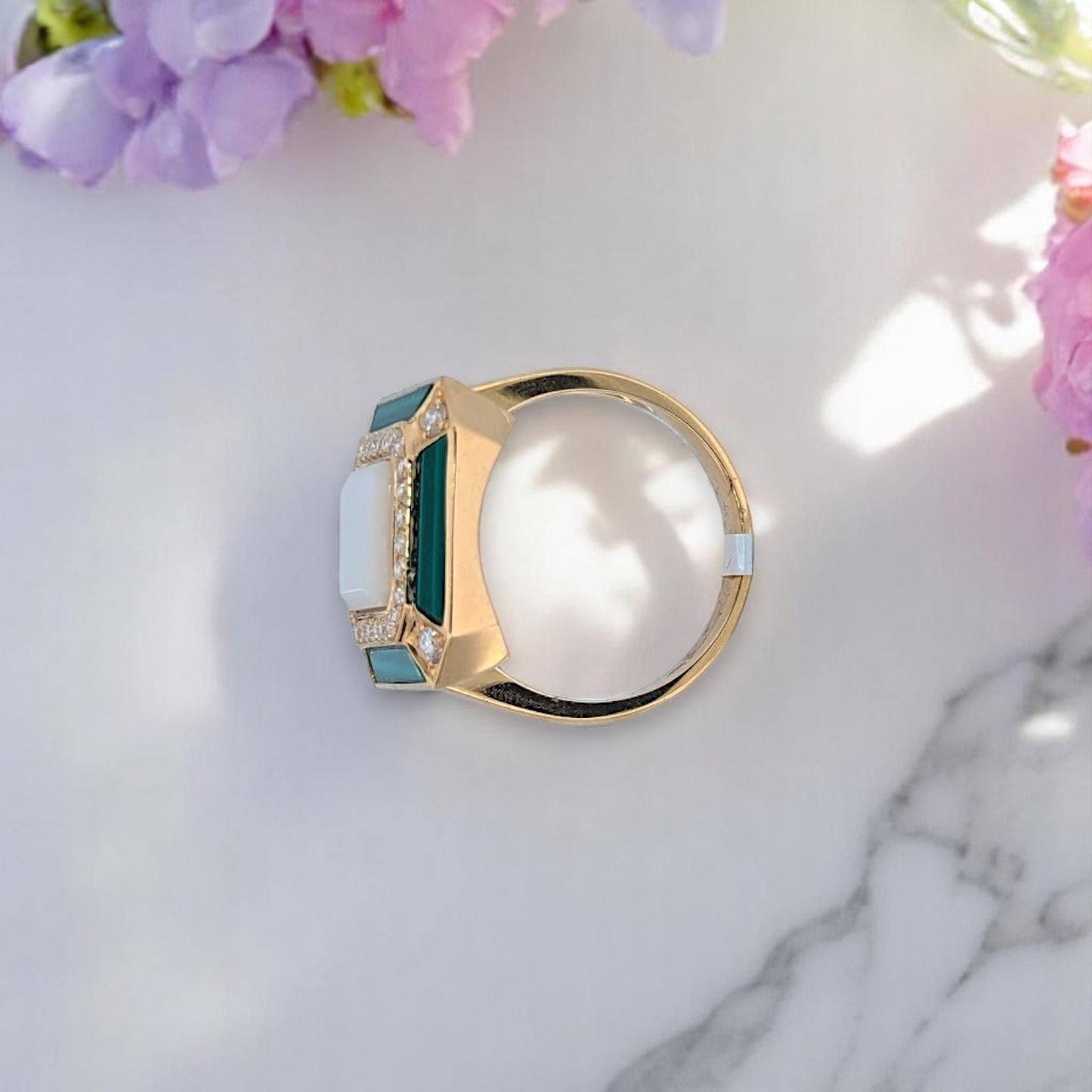 Zephyrine | 18k Yellow Gold Verde Ring – Mother of Pearl, Malachite & Diamond Statement Ring (Size 7)