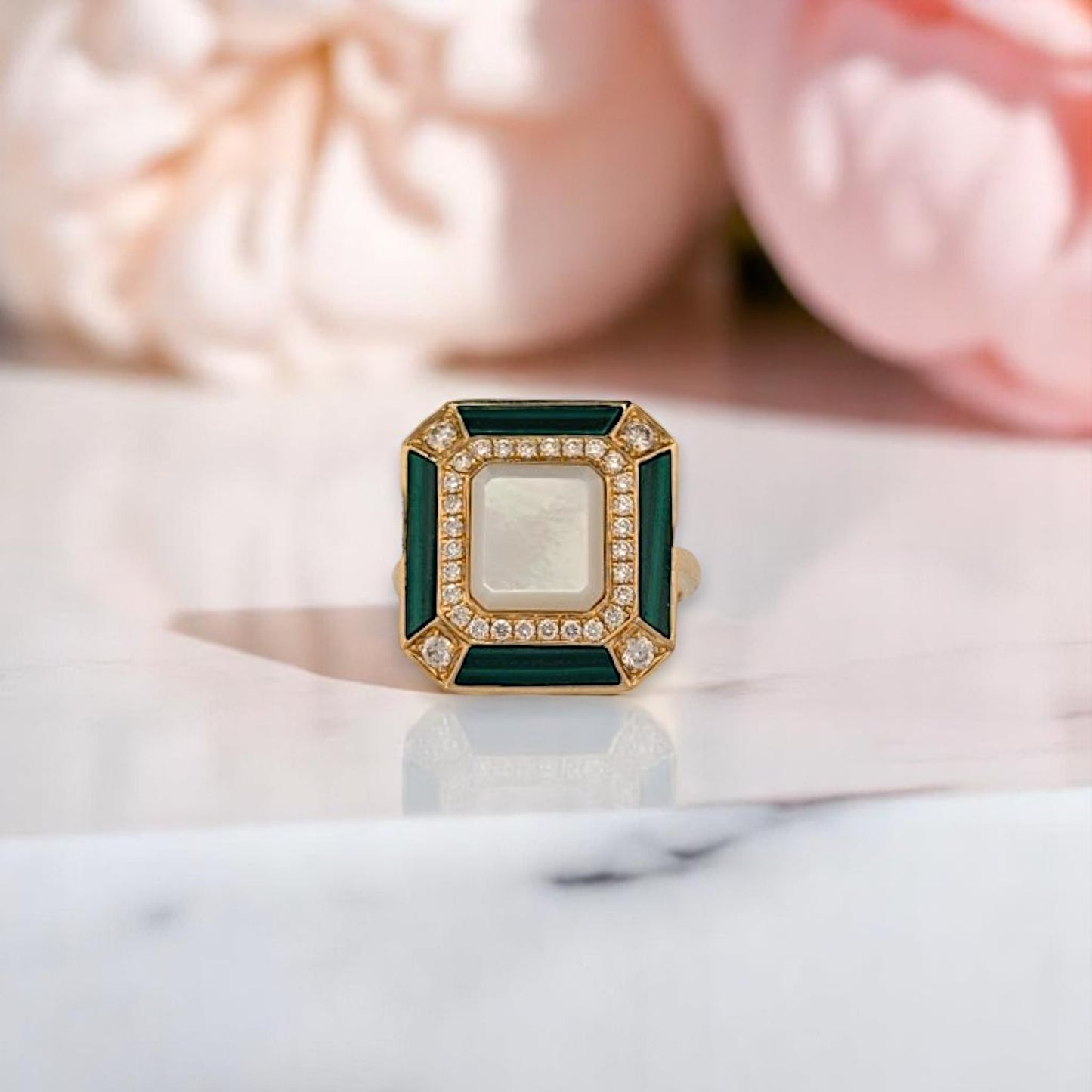 Zephyrine | 18k Yellow Gold Verde Ring – Mother of Pearl, Malachite & Diamond Statement Ring (Size 7)