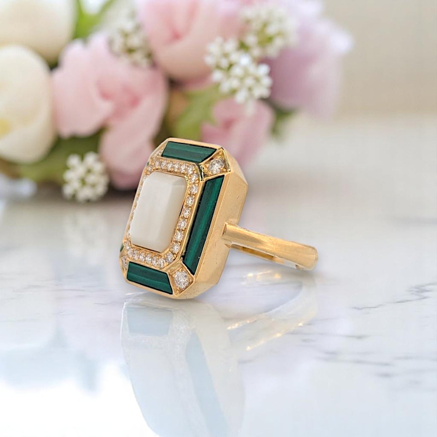 Zephyrine | 18k Yellow Gold Verde Ring – Mother of Pearl, Malachite & Diamond Statement Ring (Size 7)