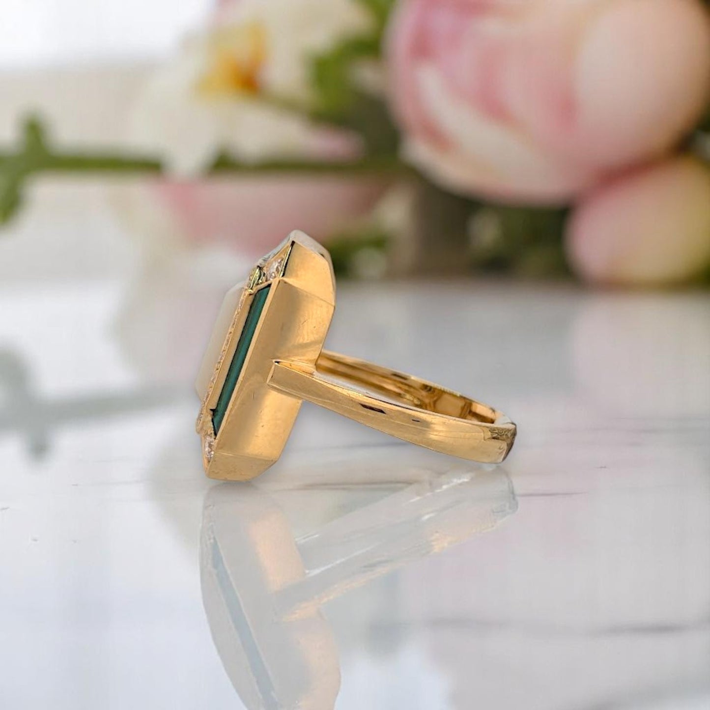 Zephyrine | 18k Yellow Gold Verde Ring – Mother of Pearl, Malachite & Diamond Statement Ring (Size 7)