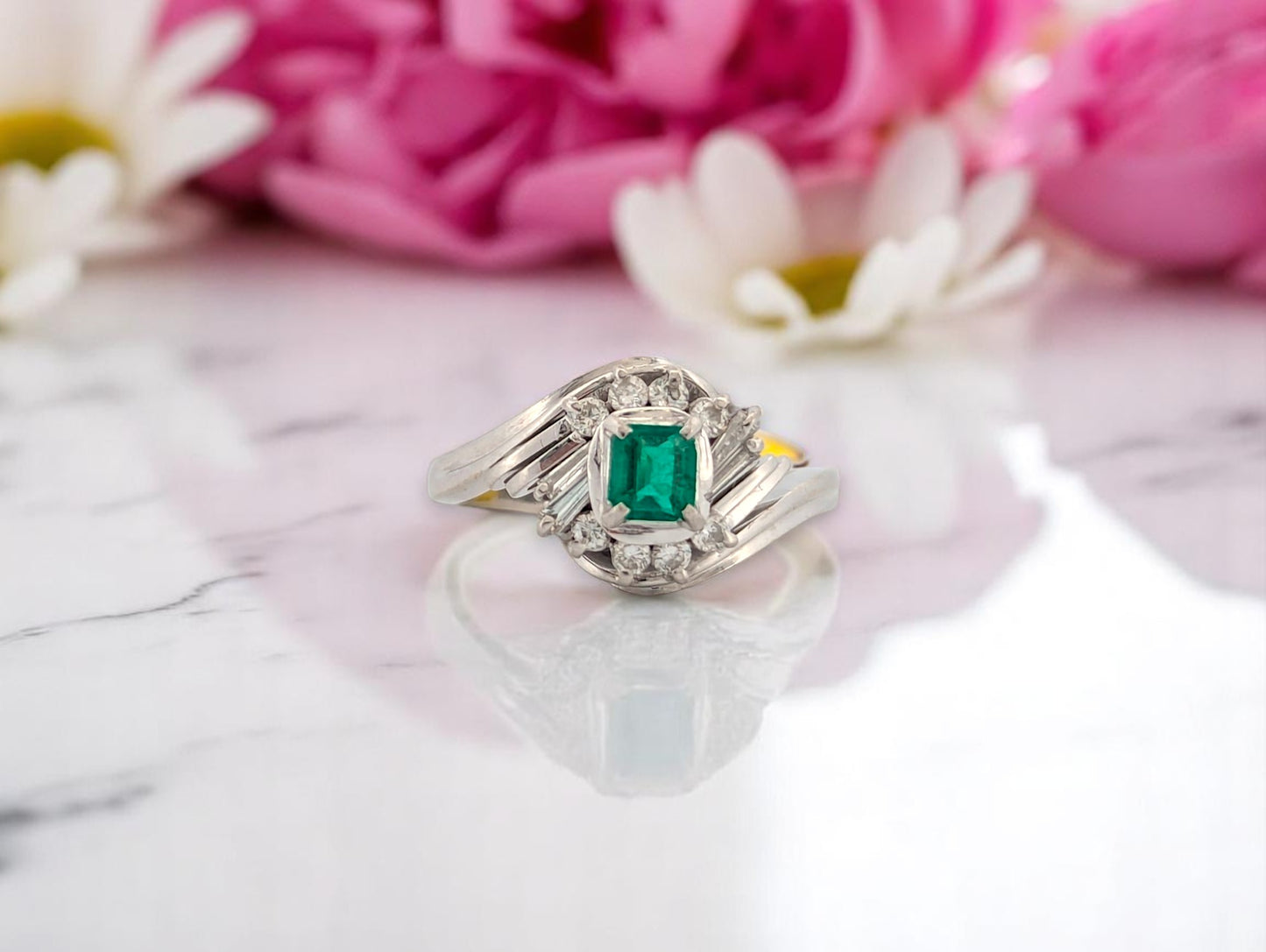 Jacaranda | Platinum Ring With 0.25 Ct Natural Emerald And 0.22 Ct Diamonds Size 4 Elegant Green Gemstone Fine Jewelry Gift For Her Classic Style