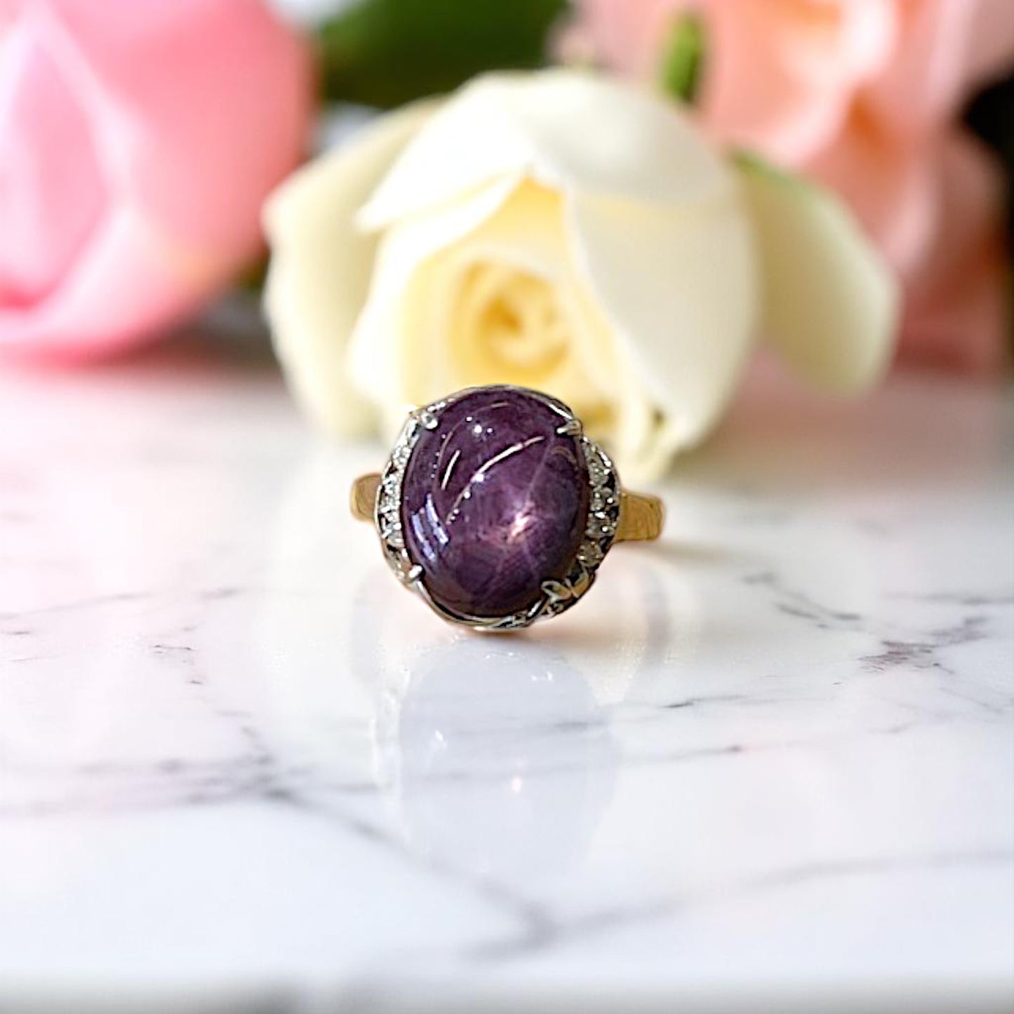 18k White Gold Ring with 7 ct Star Ruby & .12 ctw SI-I1 Diamonds – Size 5