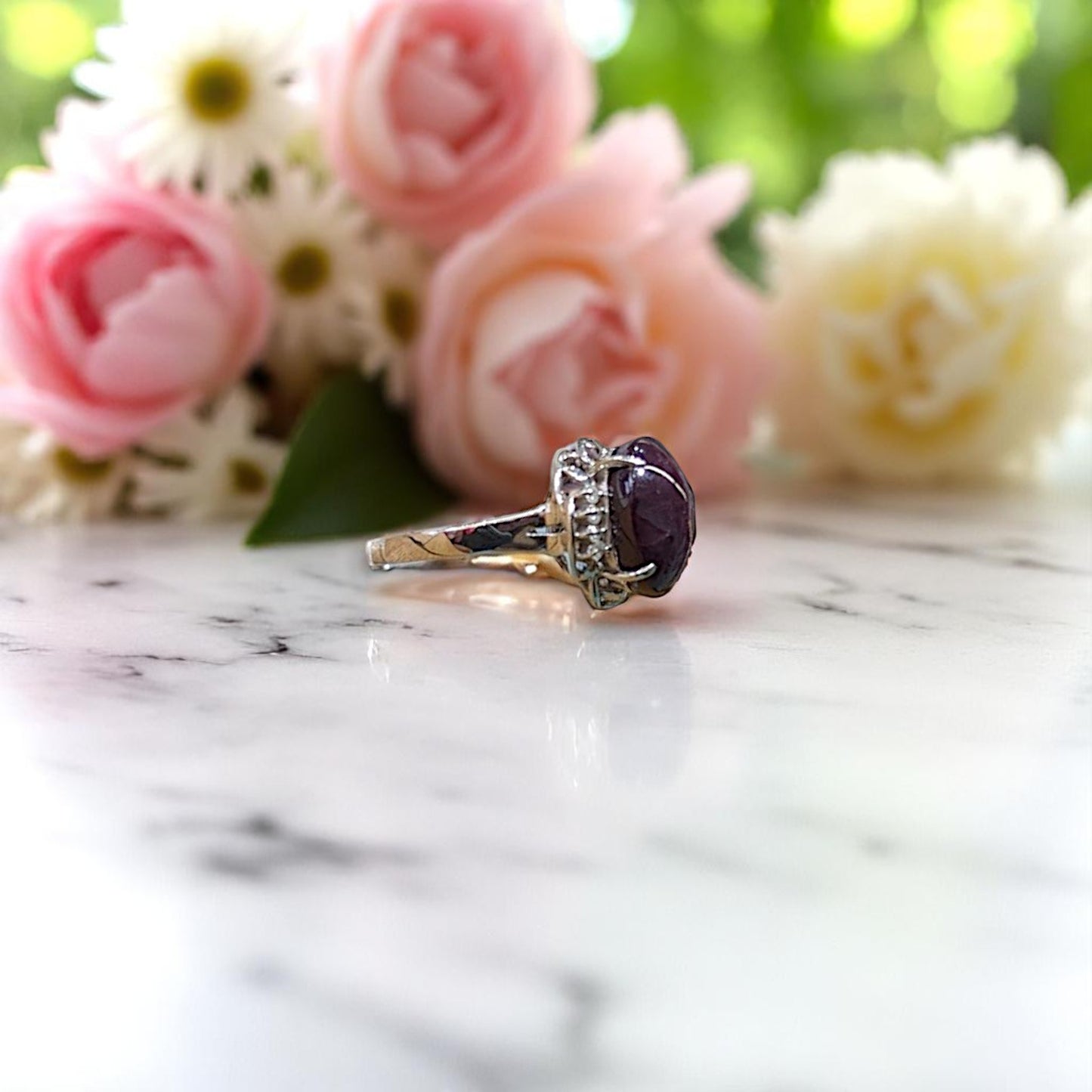 Collins | 18k White Gold Ring with 7 ct Star Ruby & .12 ctw Natural Diamonds – Size 5