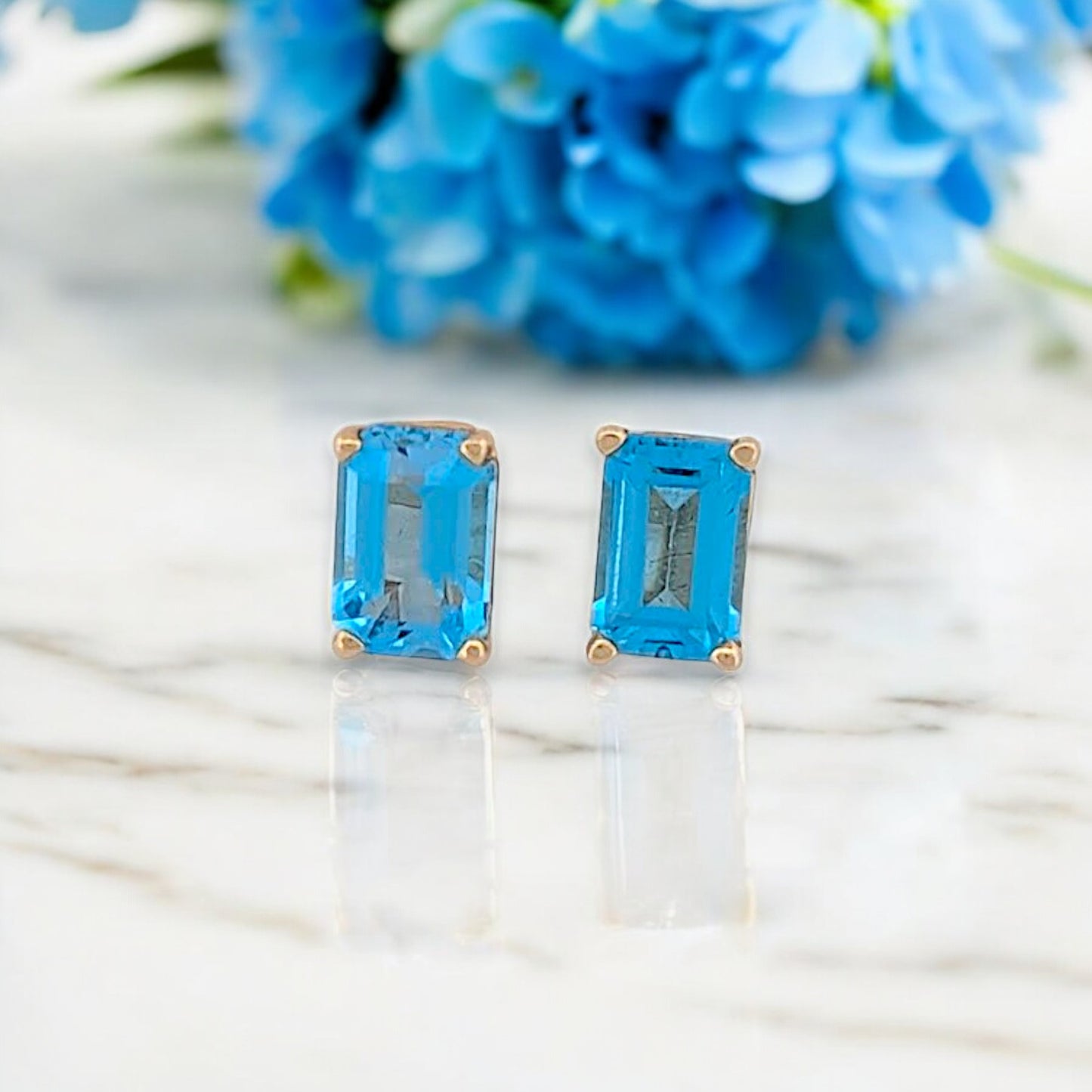 Blanche Blue Topaz Stud Earrings, Gold with 0.66ctw Emerald Cut Blue Topaz, Square Cut Design, Elegant Fine Jewelry Gift