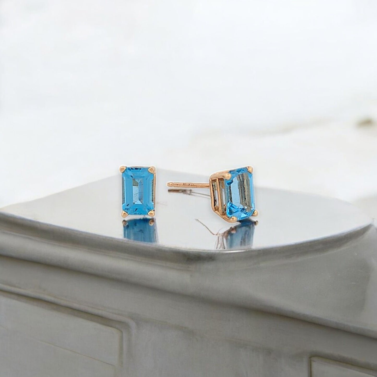 Blanche Blue Topaz Stud Earrings, Gold with 0.66ctw Emerald Cut Blue Topaz, Square Cut Design, Elegant Fine Jewelry Gift