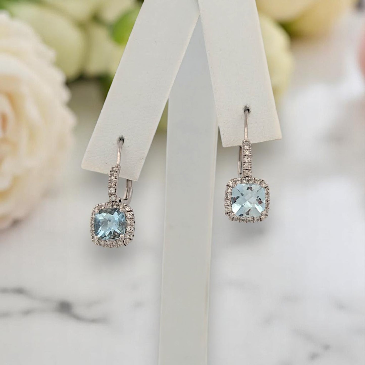 Theophania Aquamarine Earrings, 10K White Gold Leverbacks with 1.50ct Checkerboard Cut Natural Aquamarines & Natural Round Diamonds