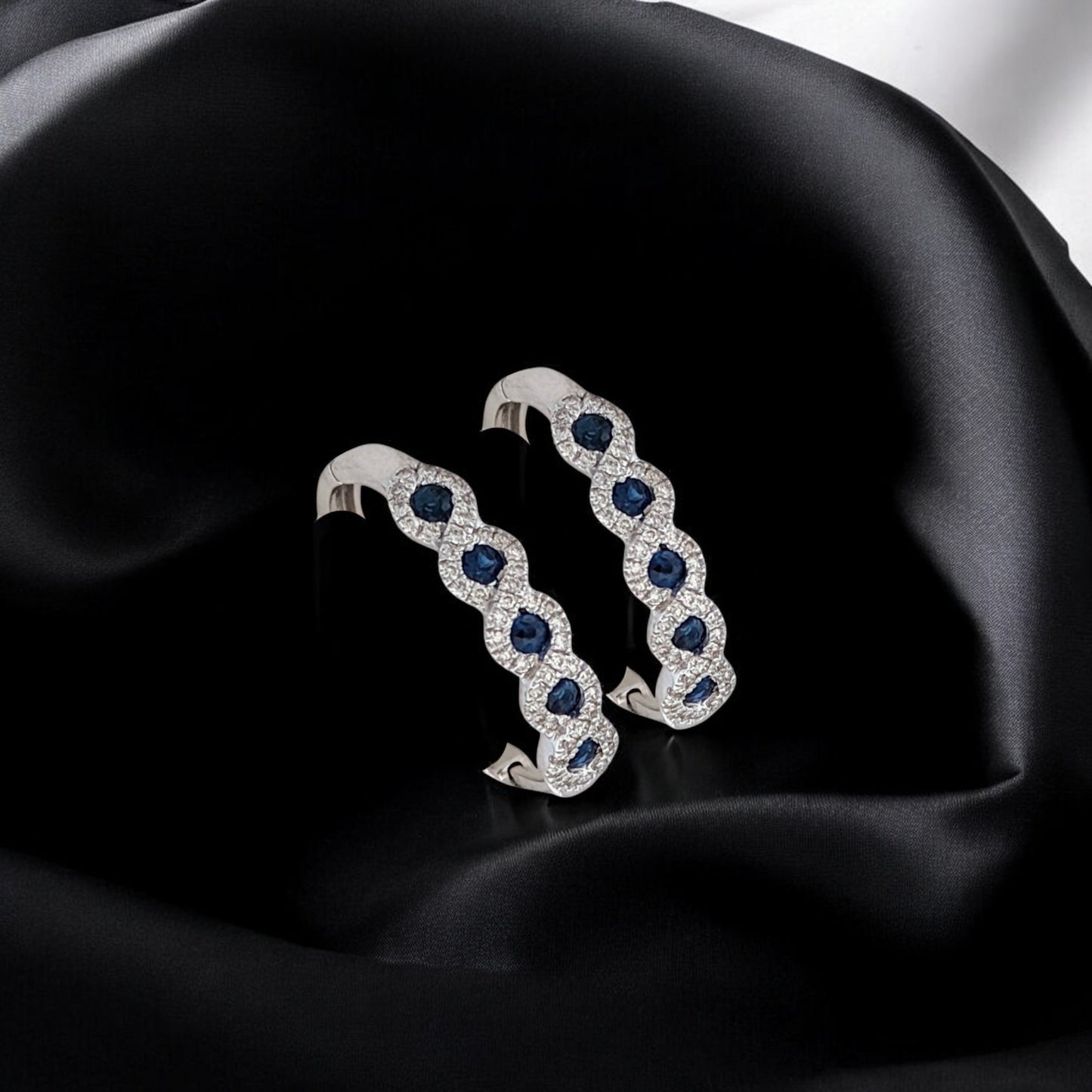 Aviana | 10K White Gold Hinge Hoop Earrings with 0.45ct Sapphires and 0.33ct Diamonds, Elegant Gemstone Hoops, Fine Jewelry Gift