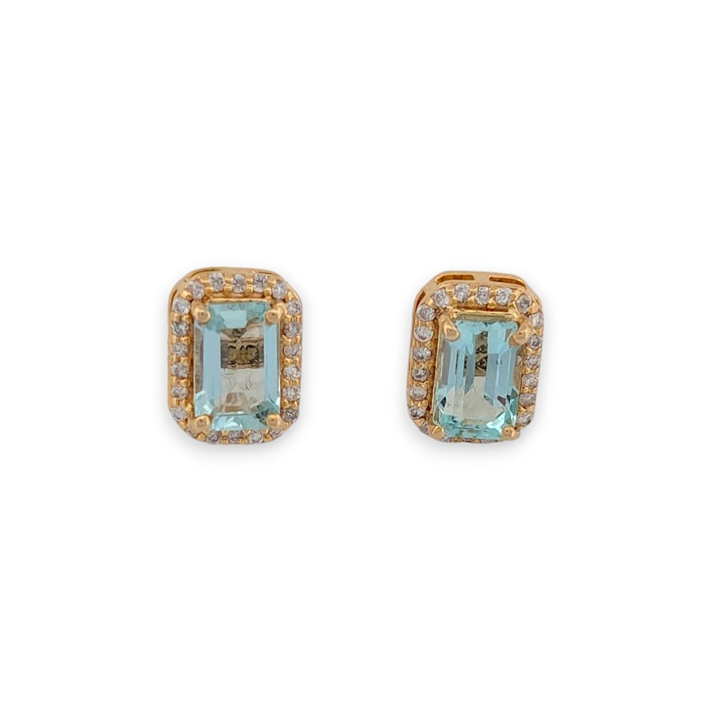 Wren | 14K Yellow Gold Post Earrings with 1.10 CT Natural Emerald Cut Aquamarines & .14 CTW Natural Round Diamonds – Dainty Fine Jewelry