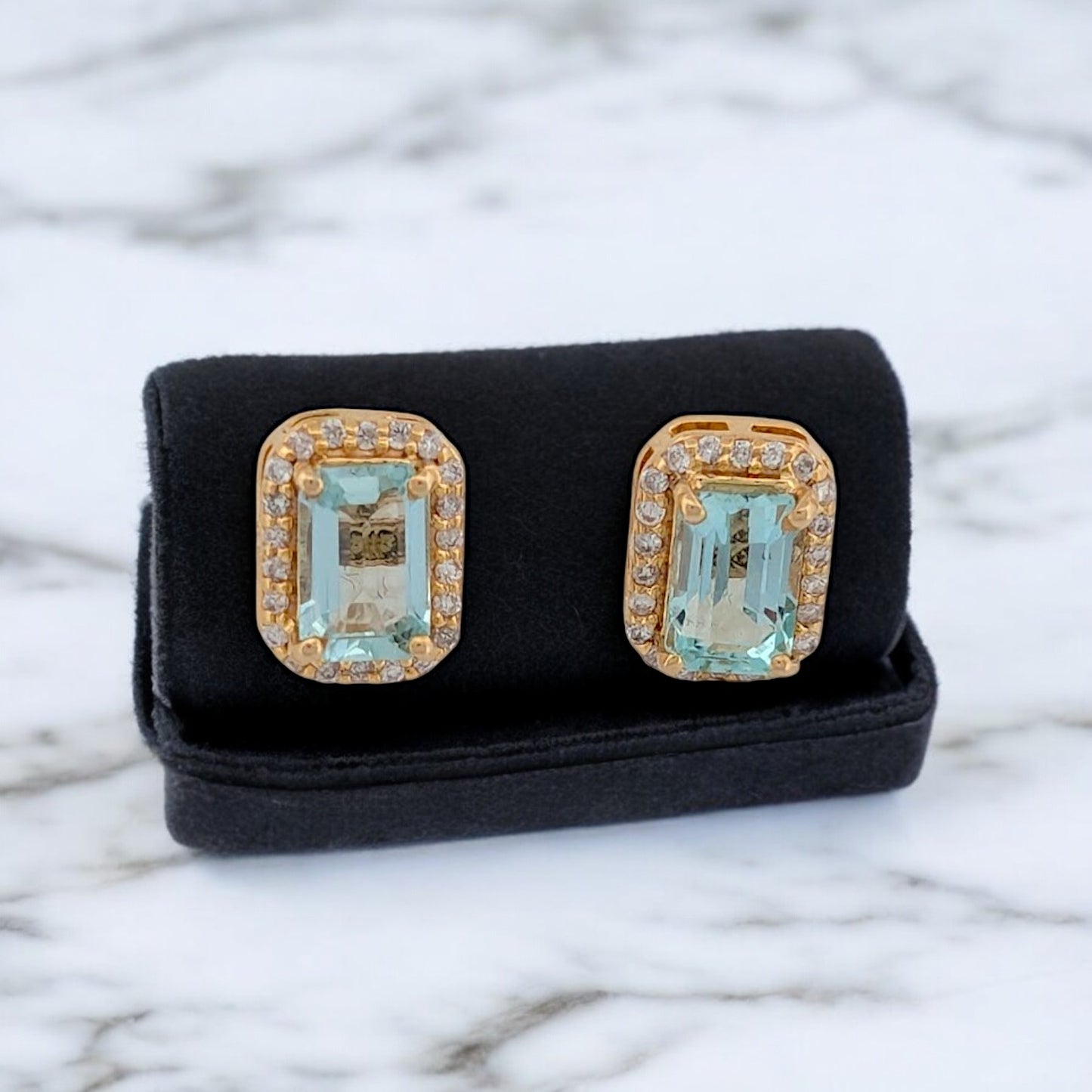 14k Yellow Gold Post Earrings with 1.10 ct Emerald-Cut Aquamarines & .14 ctw Natural Diamonds