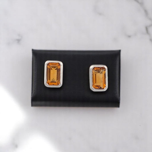 10k white gold post earrings with emerald cut bezel set natural citrines