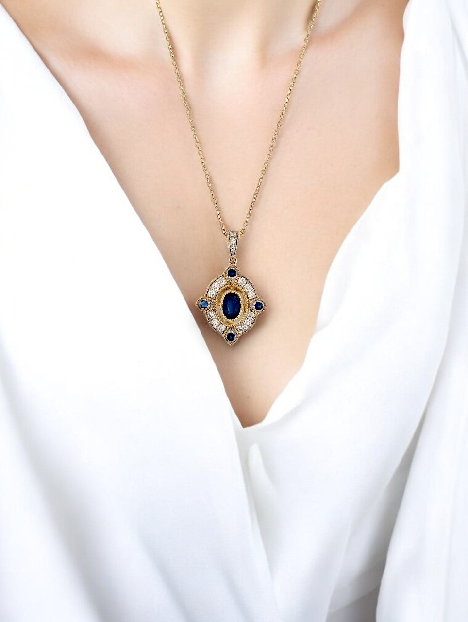 10k Yellow Gold Sapphire and Diamond Pendant Necklace with .72 CTW Natural Sapphires and .28 CTW Natural Diamonds Adjustable 16"-18" Fine Jewelry