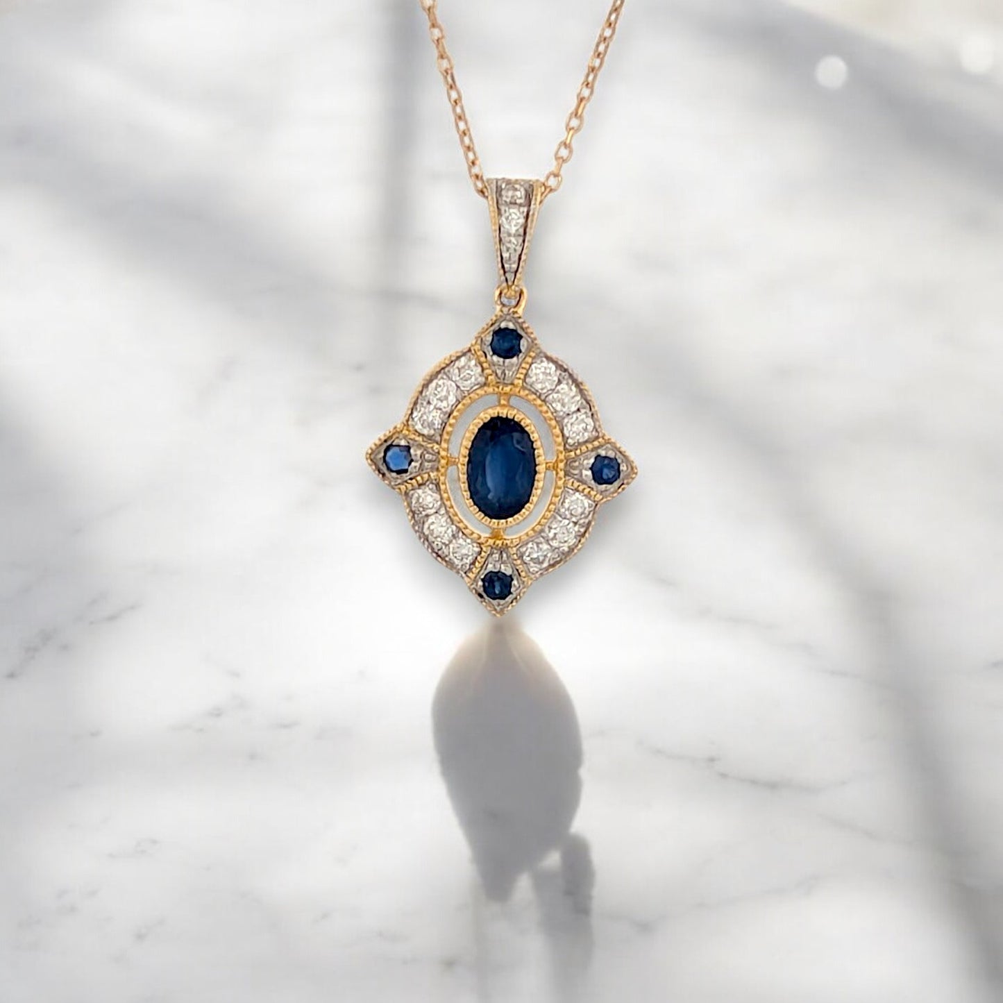 10k Yellow Gold Sapphire and Diamond Pendant Necklace with .72 CTW Natural Sapphires and .28 CTW Natural Diamonds Adjustable 16"-18" Fine Jewelry
