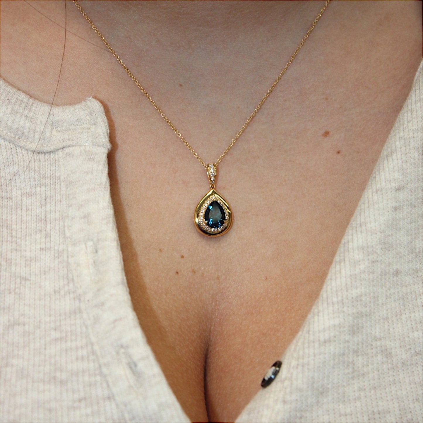 Indie | 18k Yellow Gold Pendant – 1.85 ct London Blue Topaz & .18 ctw Natural Diamonds (16"-18" Adjustable Chain)