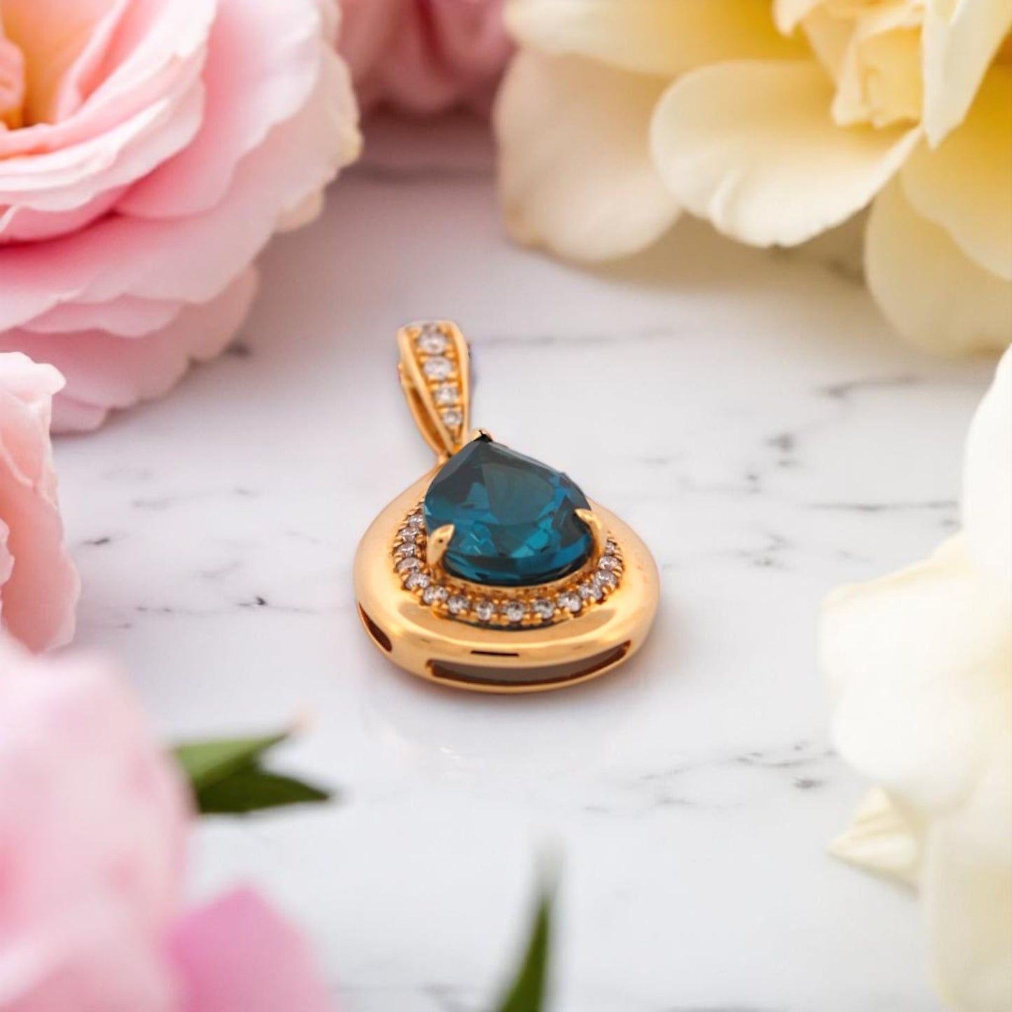 Indie | 18k Yellow Gold Pendant – 1.85 ct London Blue Topaz & .18 ctw Natural Diamonds (16"-18" Adjustable Chain)